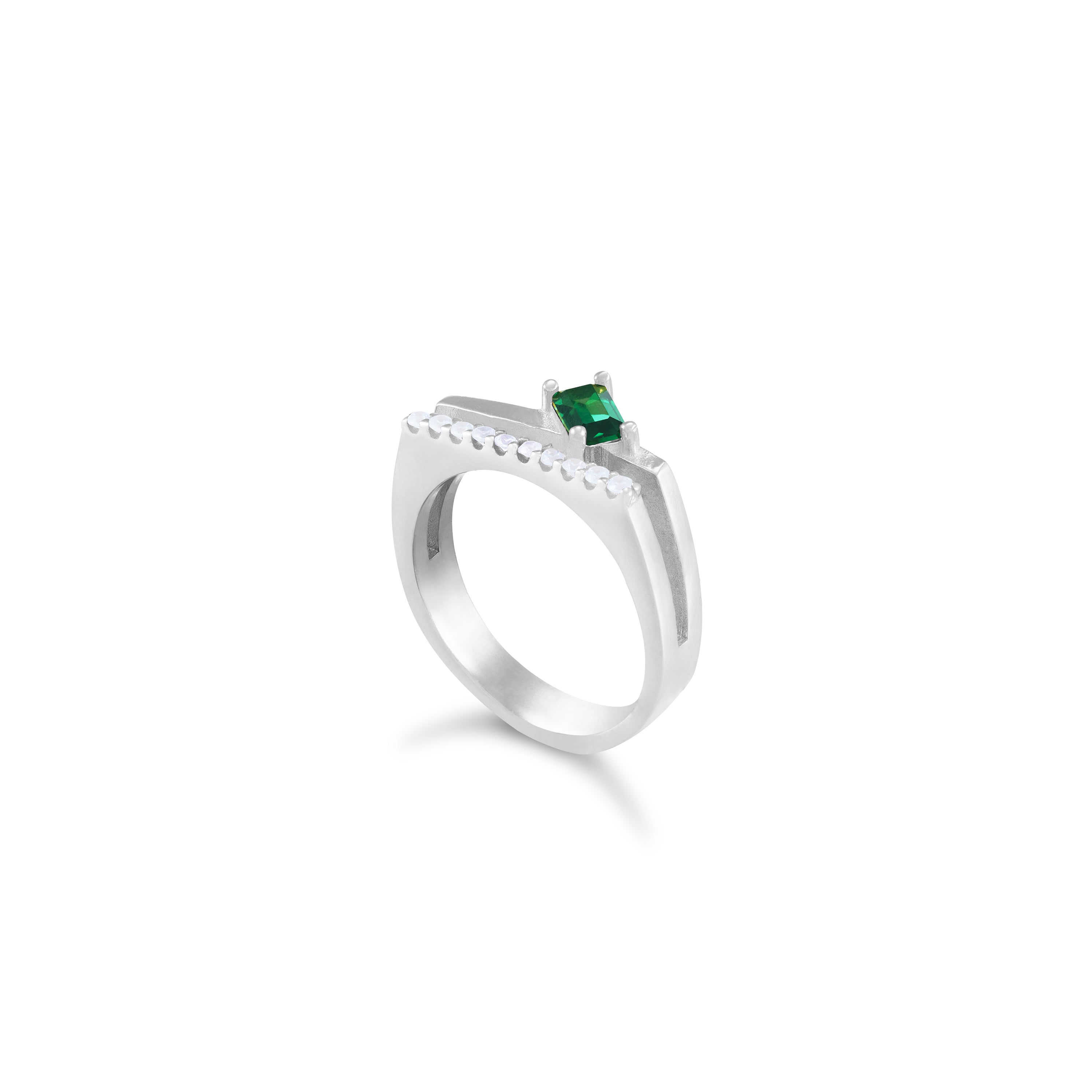 One Baguette Cubic Zirconia Bar Ring - Silver Green And White