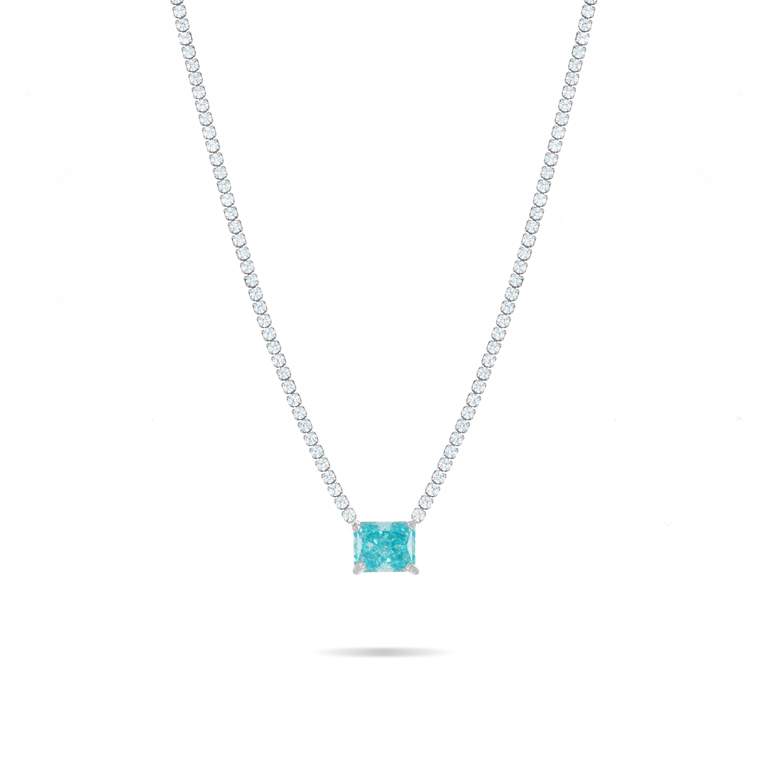 One Big Rectangle Tennis Choker - Silver Aquamarine And White
