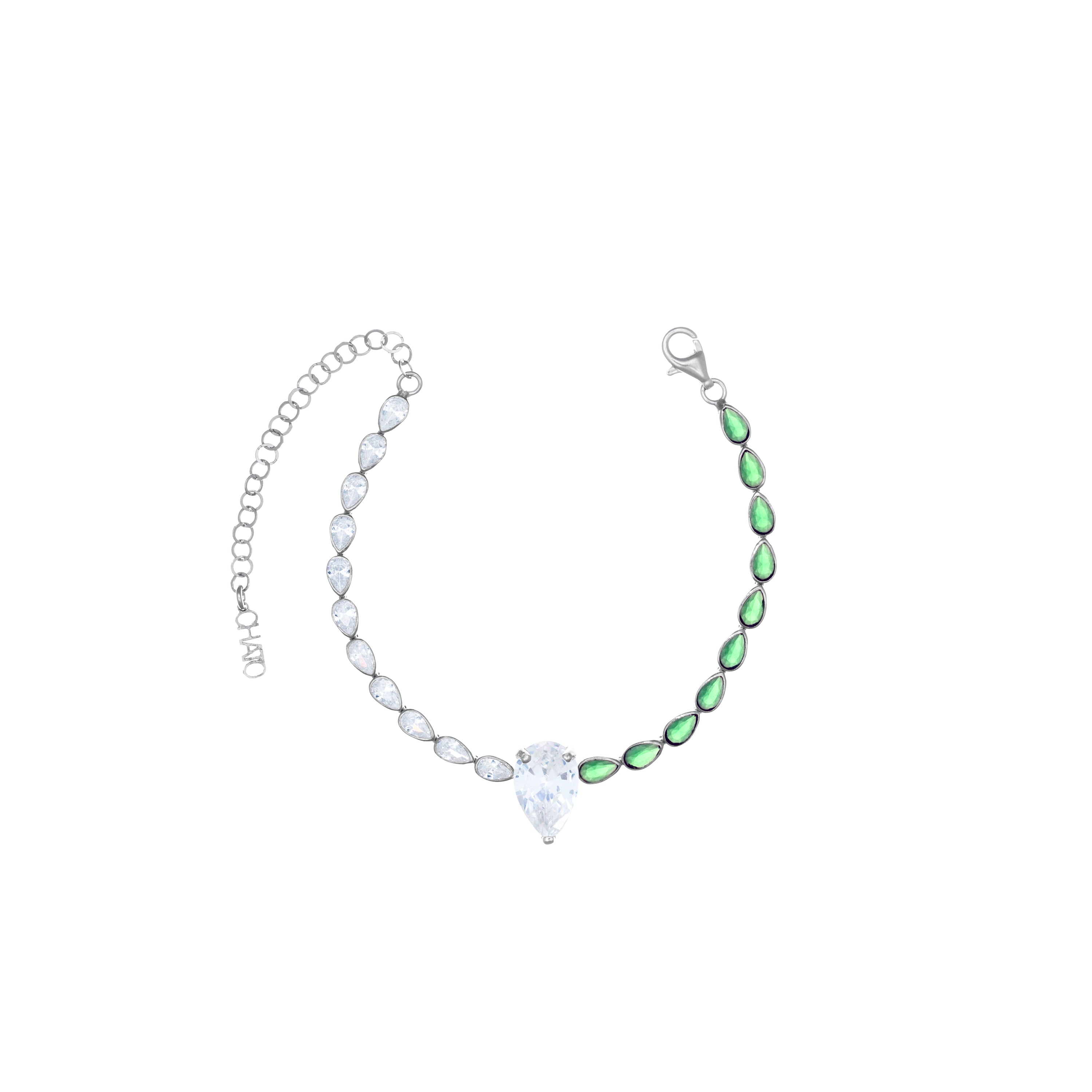 One Big Teardrop Eternity Teardrop Bezel Bracelet - Silver Green And White