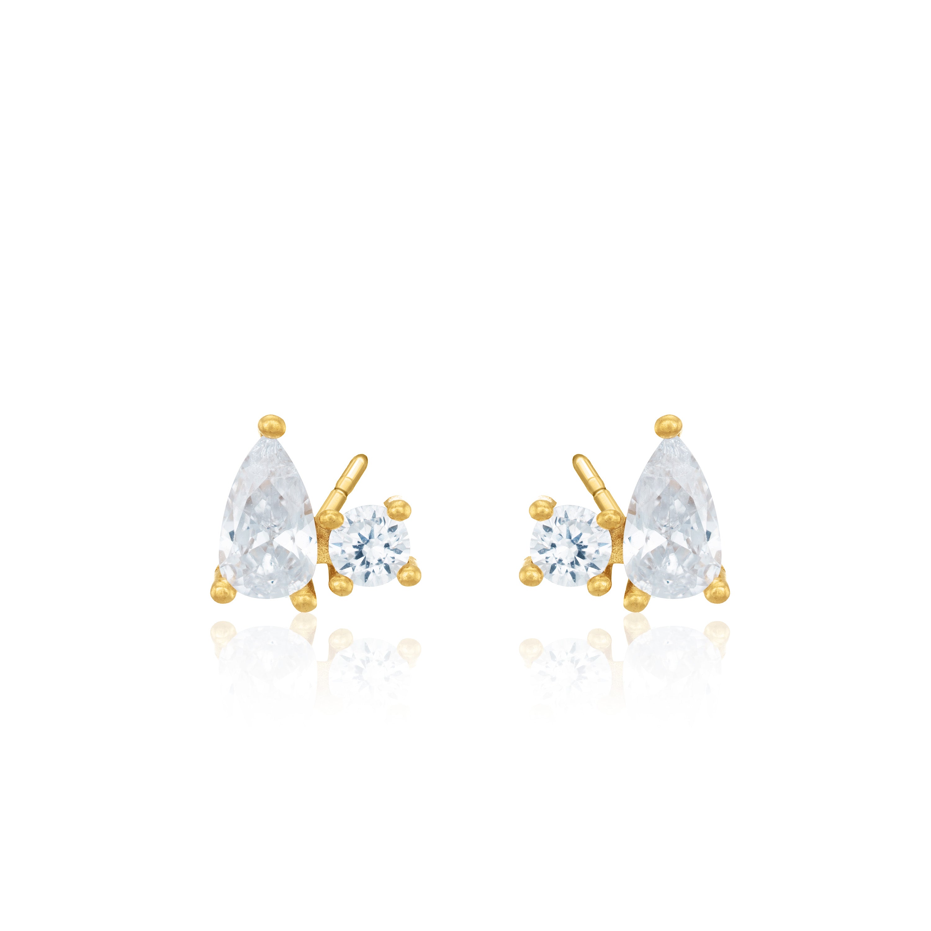 One Teardrop And Round CZ Stud Earrings - Gold White