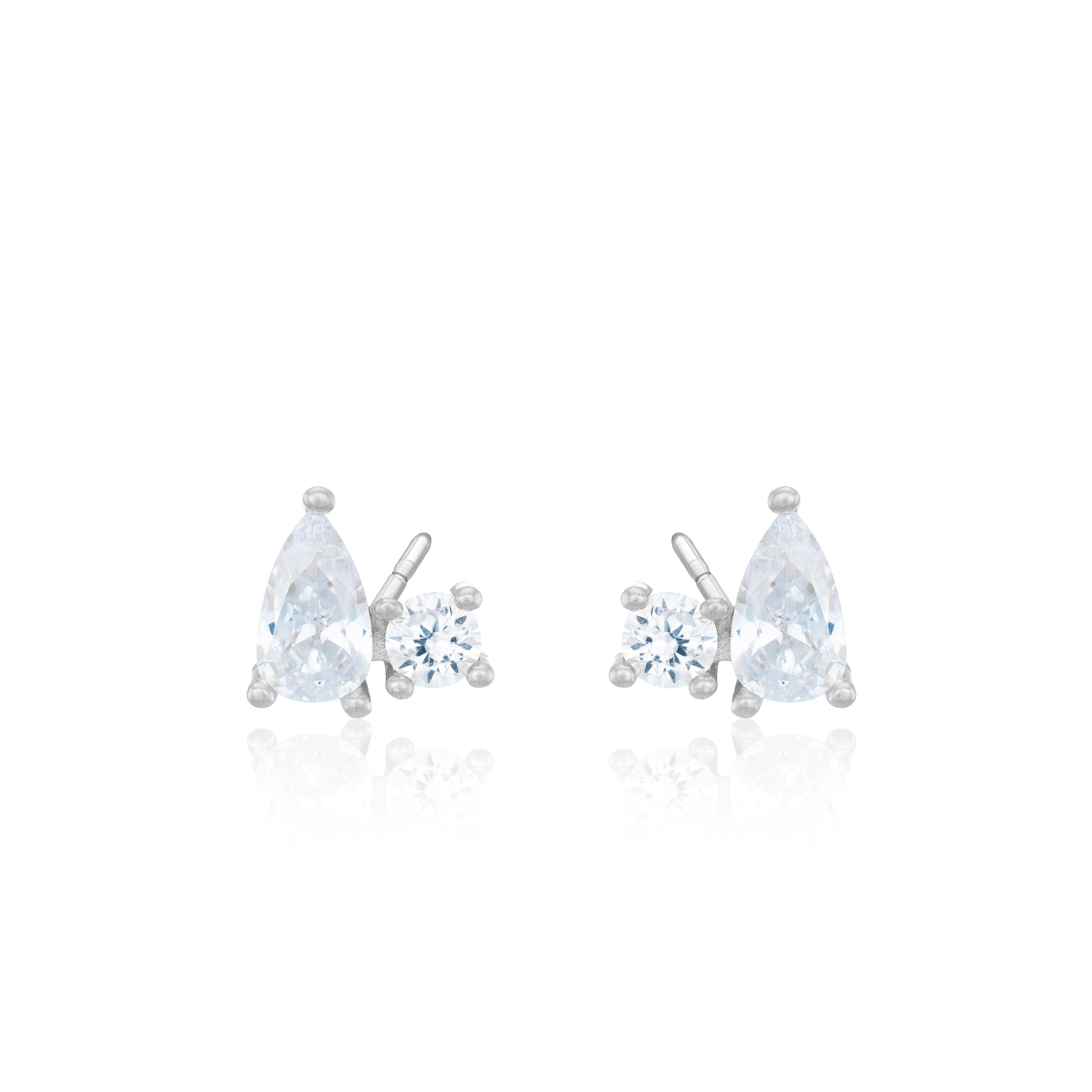 One Teardrop And Round CZ Stud Earrings - Silver White