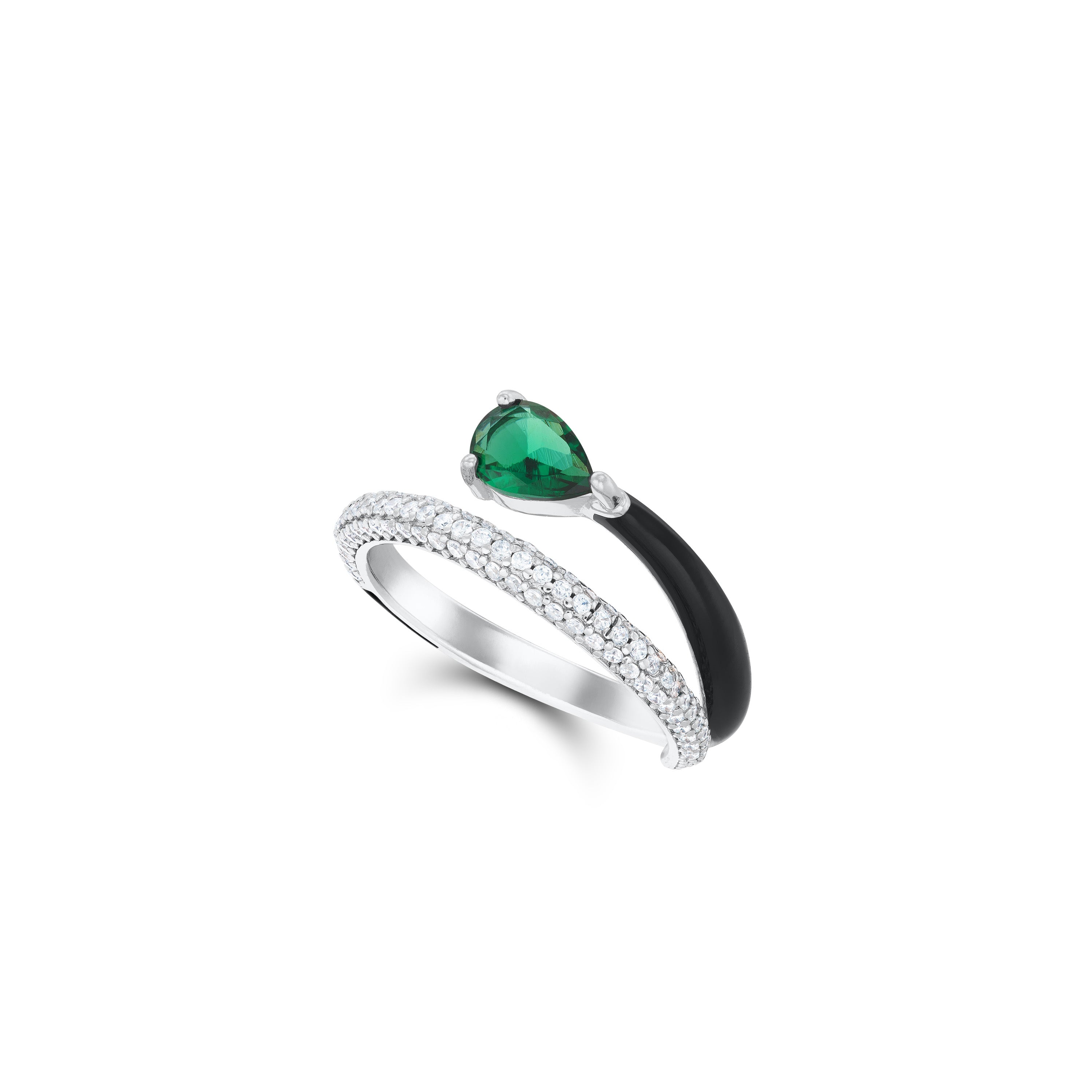 One Teardrop Half Cz Half Enamel Wrap Ring - Silver Green And White
