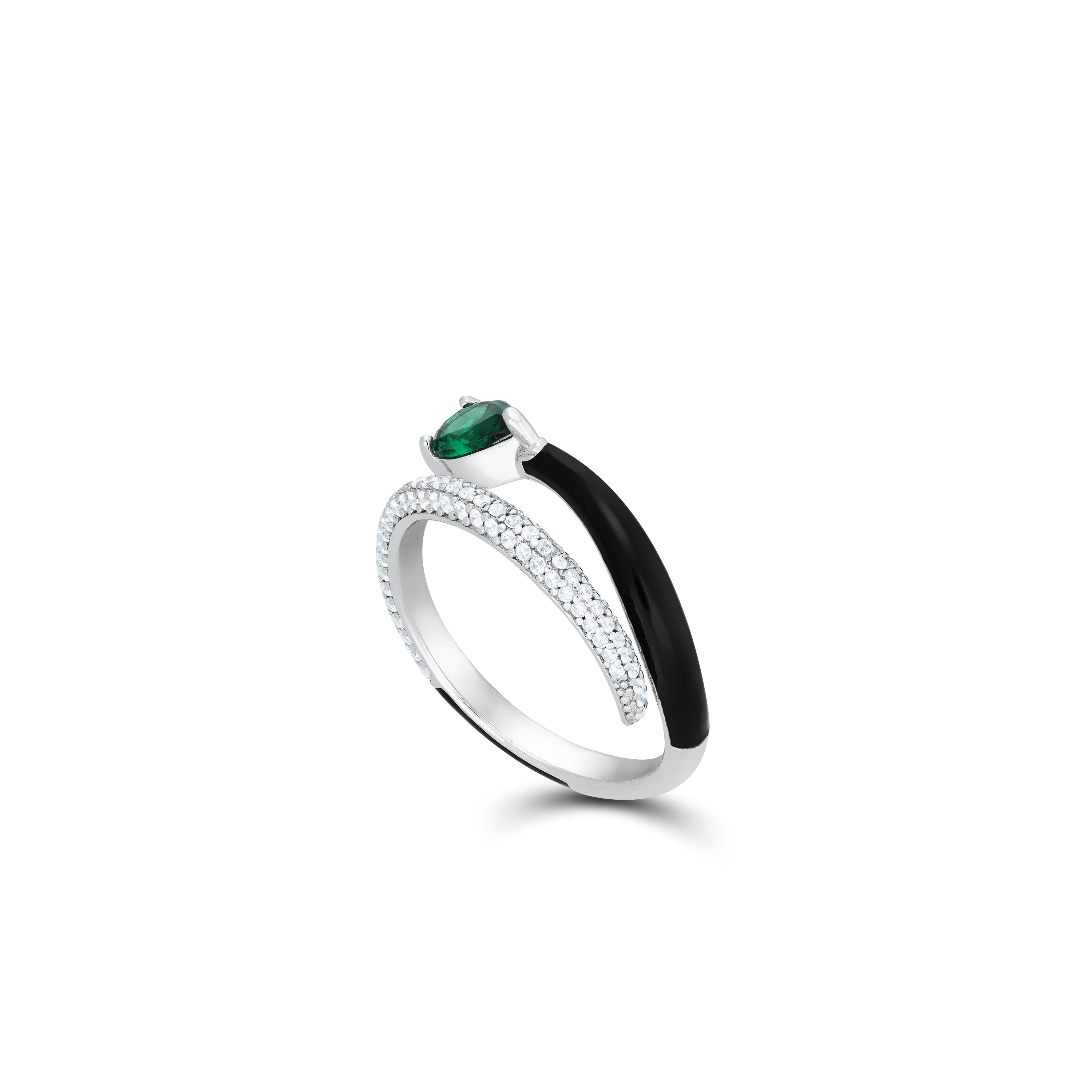 One Teardrop Half Cz Half Enamel Wrap Ring - Silver Green And White