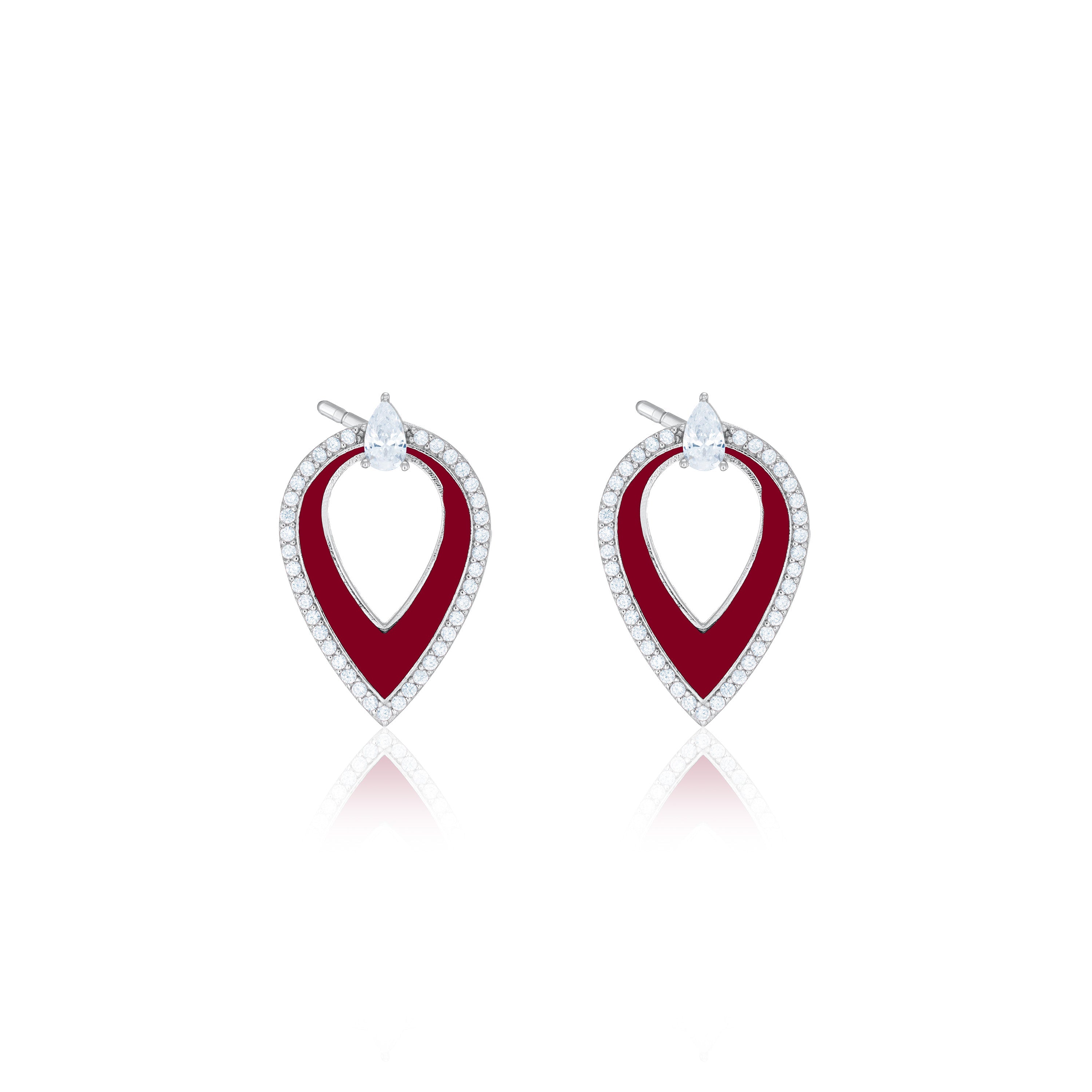 One Teardrop Pear Cut Shaped Enamel Earrings - Silver Burgundy