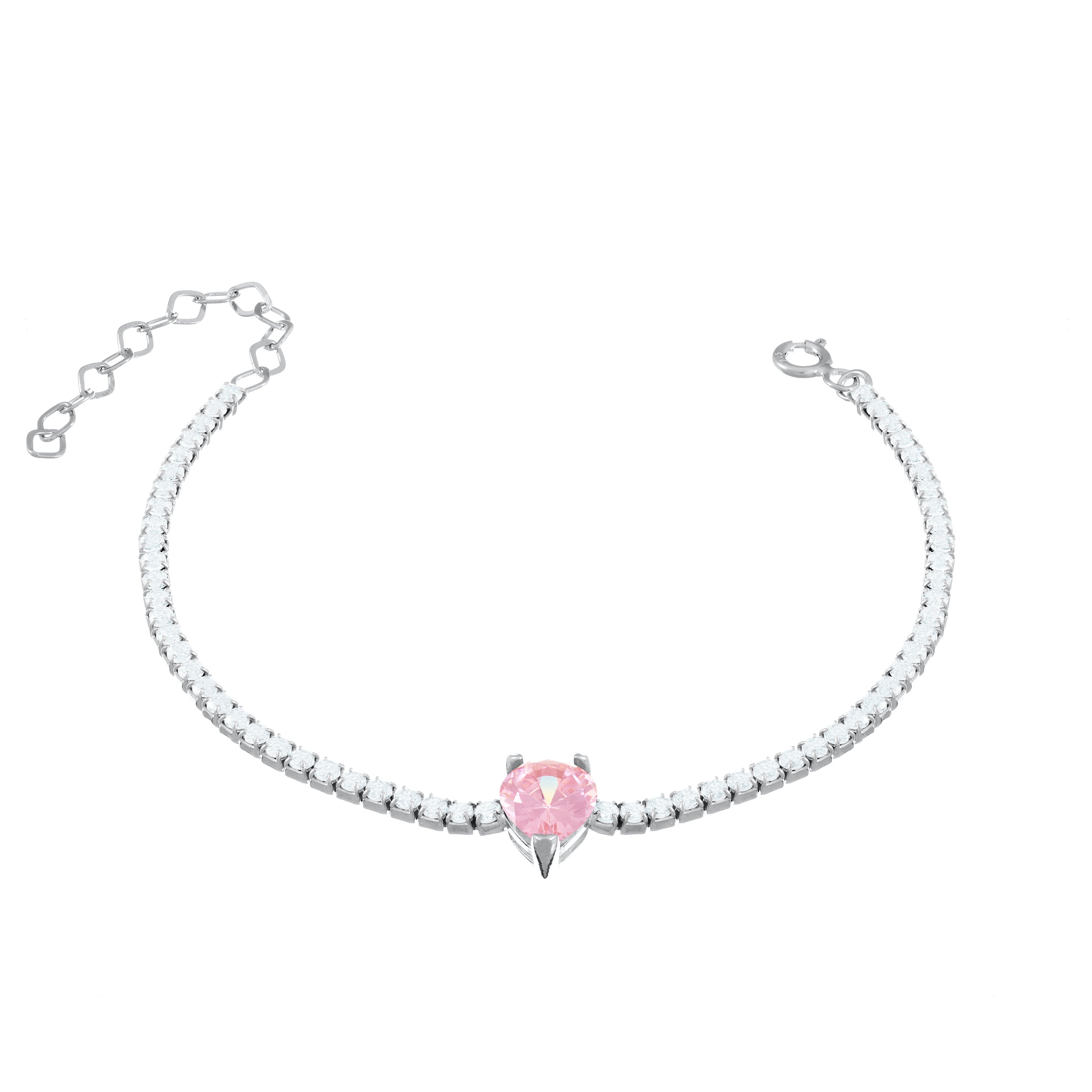 One Teardrop Tennis Bracelet - Silver Light Pink And White