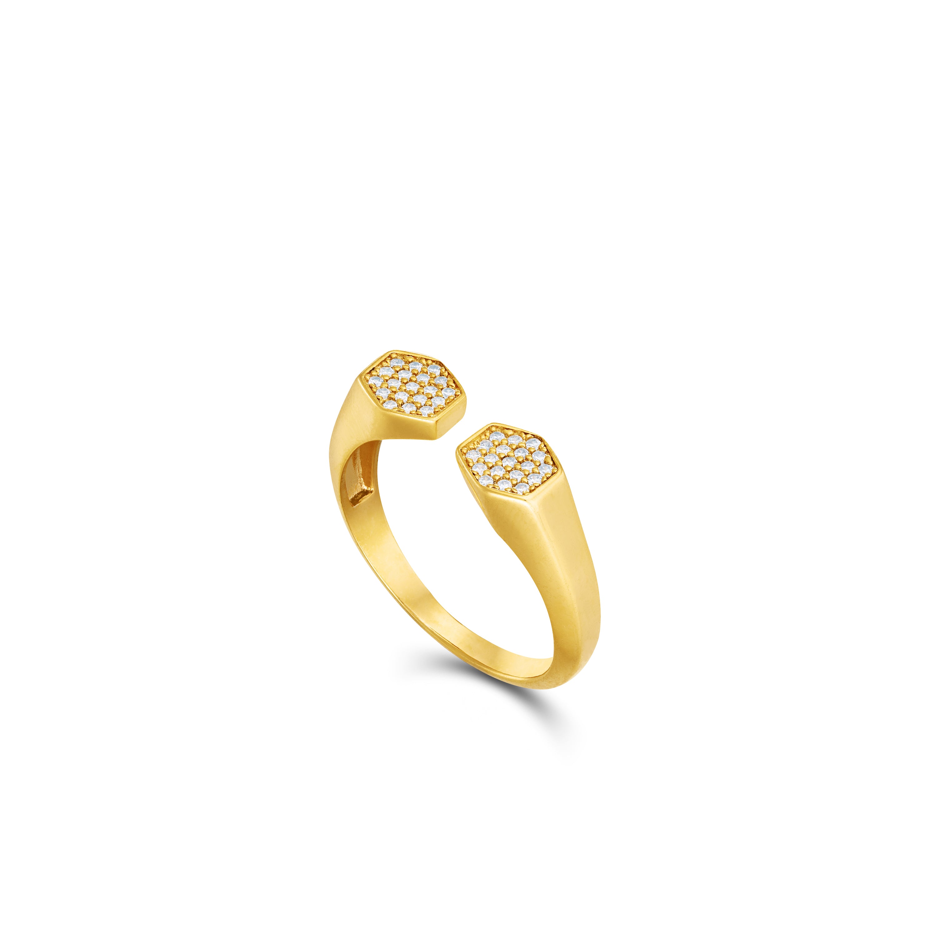Open Double Hexagon Cubic Zirconia Pinky Ring - Gold White
