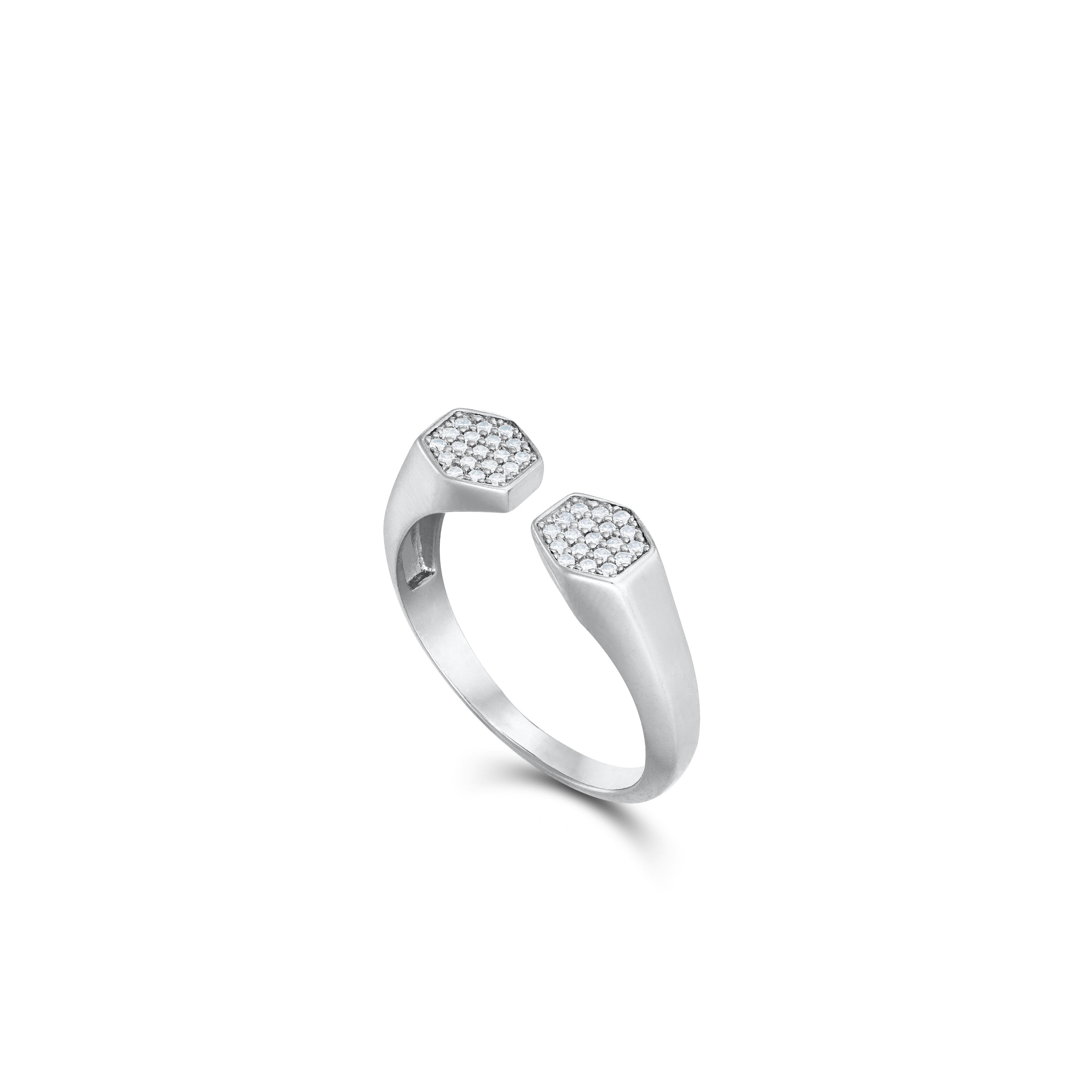 Open Double Hexagon Cubic Zirconia Pinky Ring - Silver White
