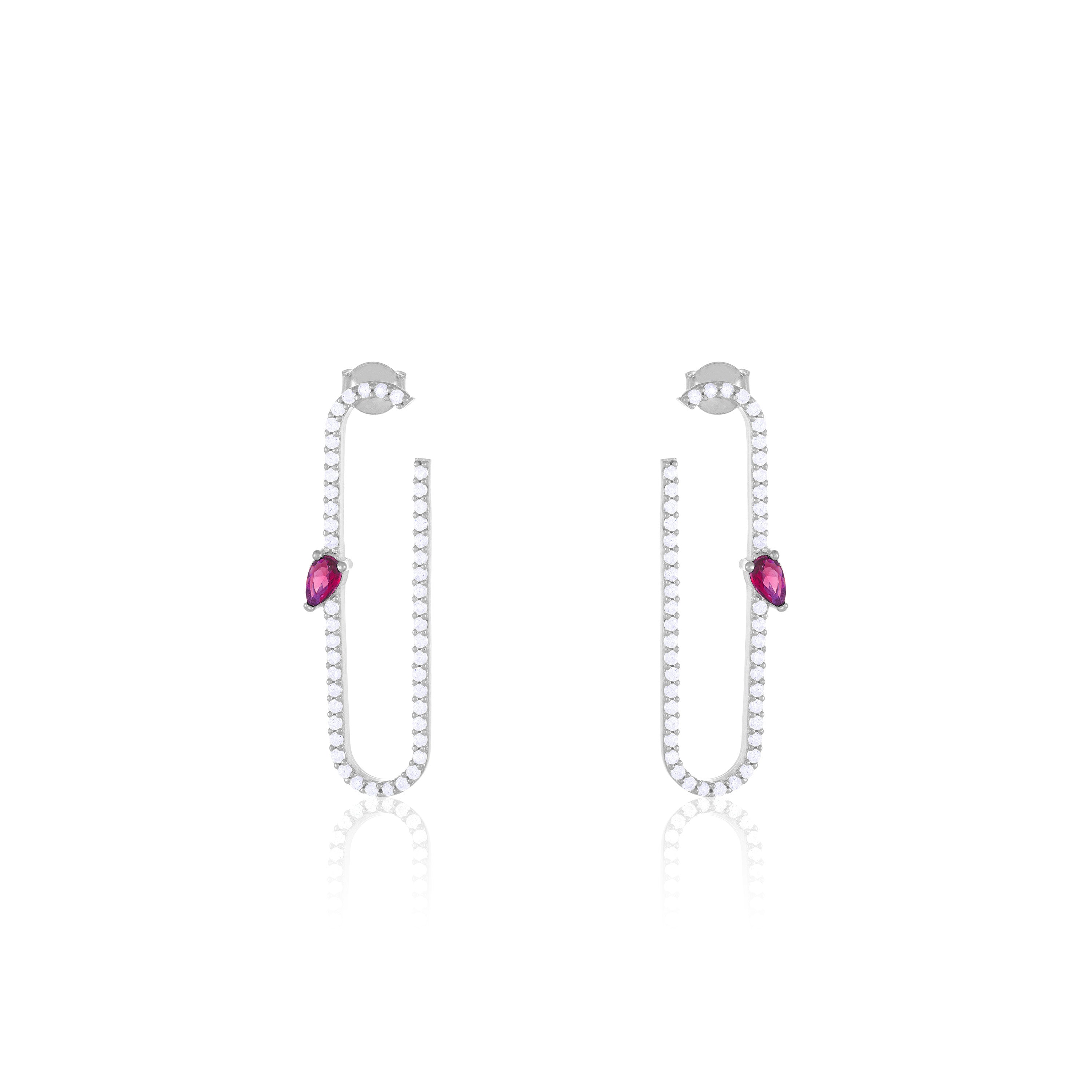 Paperclip With Teardrop Statement Earrings - Silver Fuchsia And White