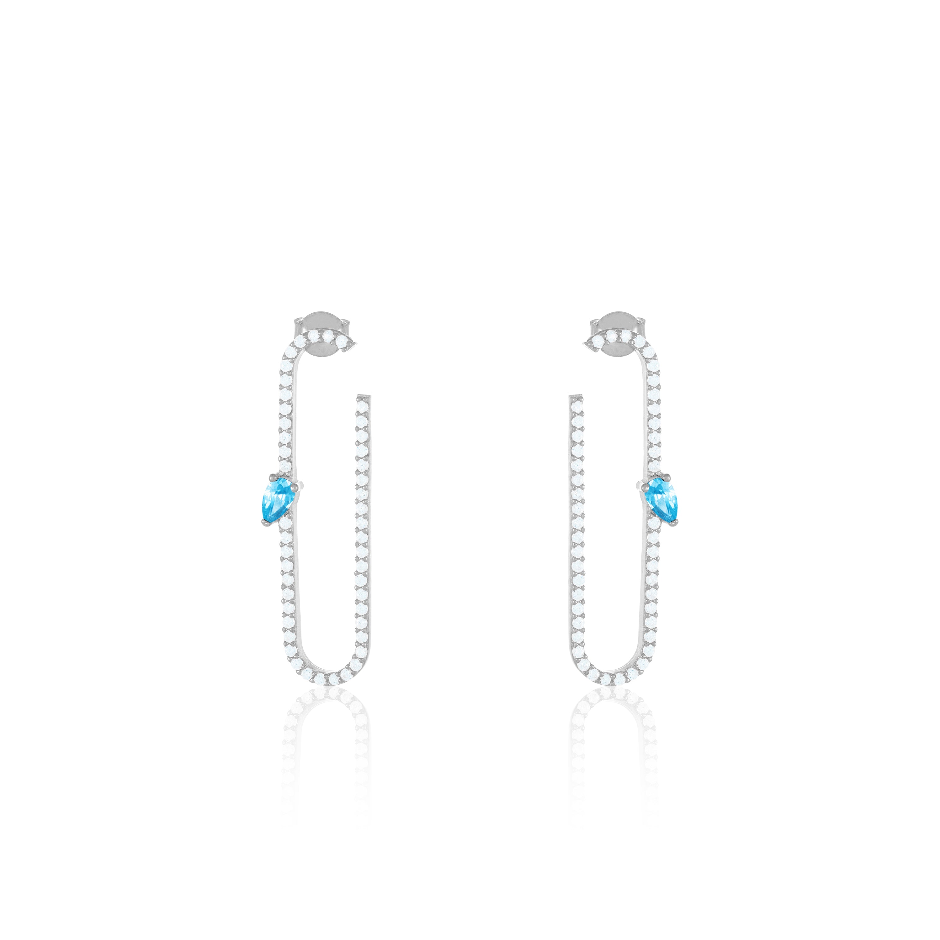 Paperclip With Teardrop Statement Earrings - Silver Aquamarine And White