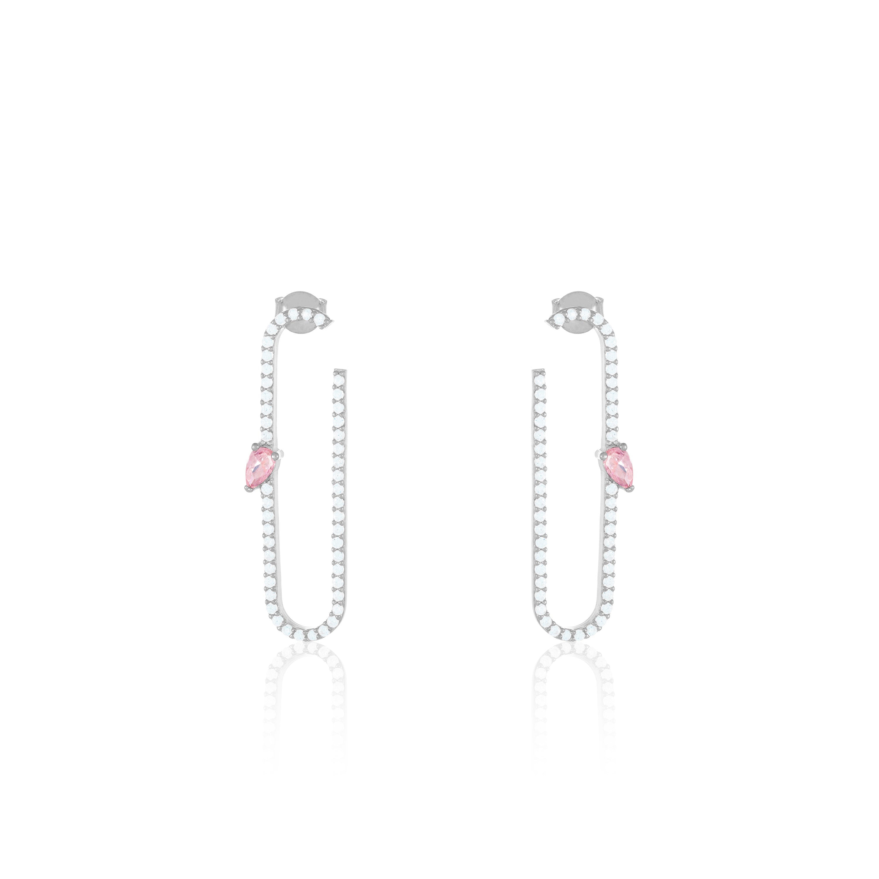 Paperclip With Teardrop Statement Earrings - Silver Light Pink And White