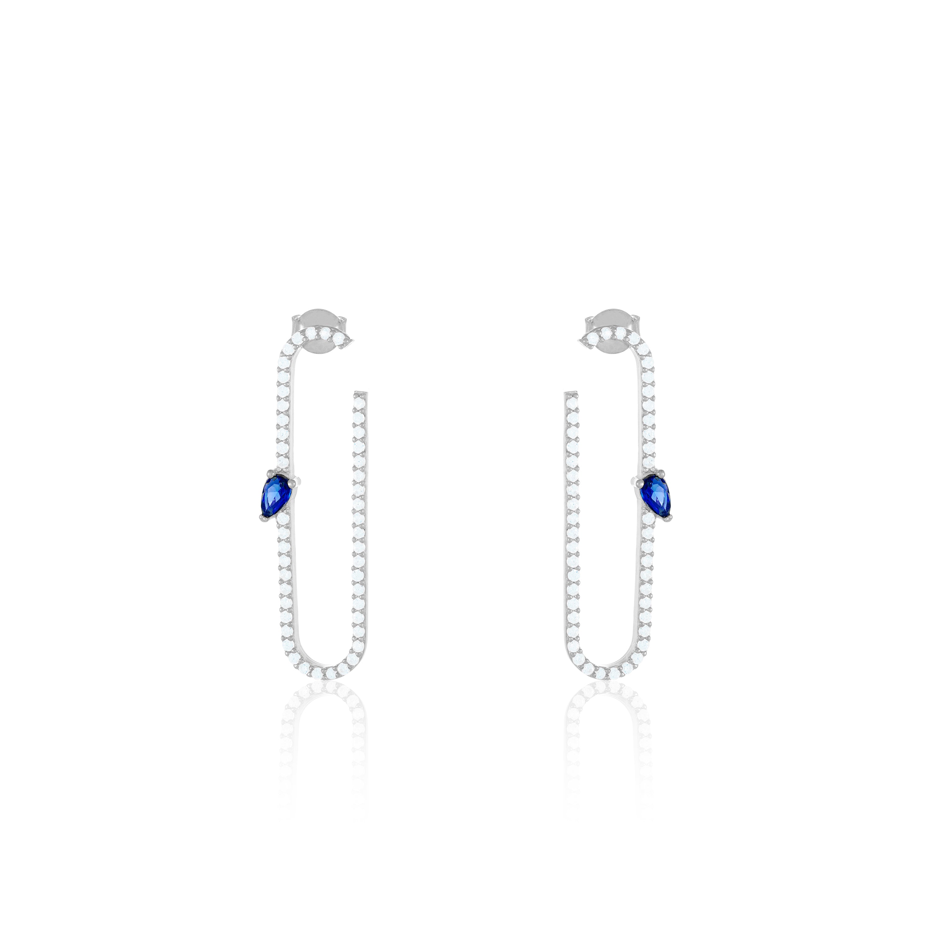 Paperclip With Teardrop Statement Earrings - Silver Navy Blue And White