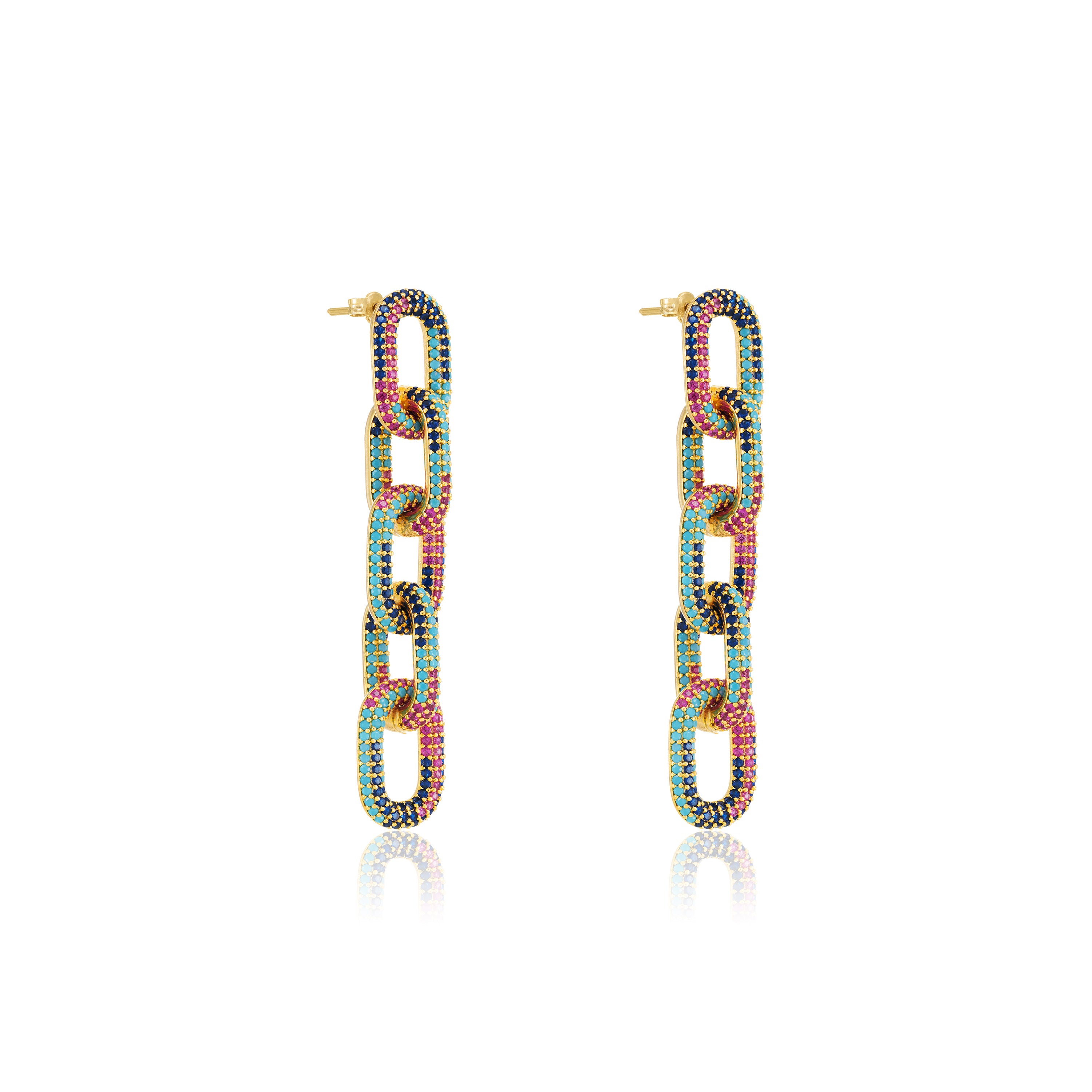 Pave Paperclip Chain Link Earrings - Gold Multicolor