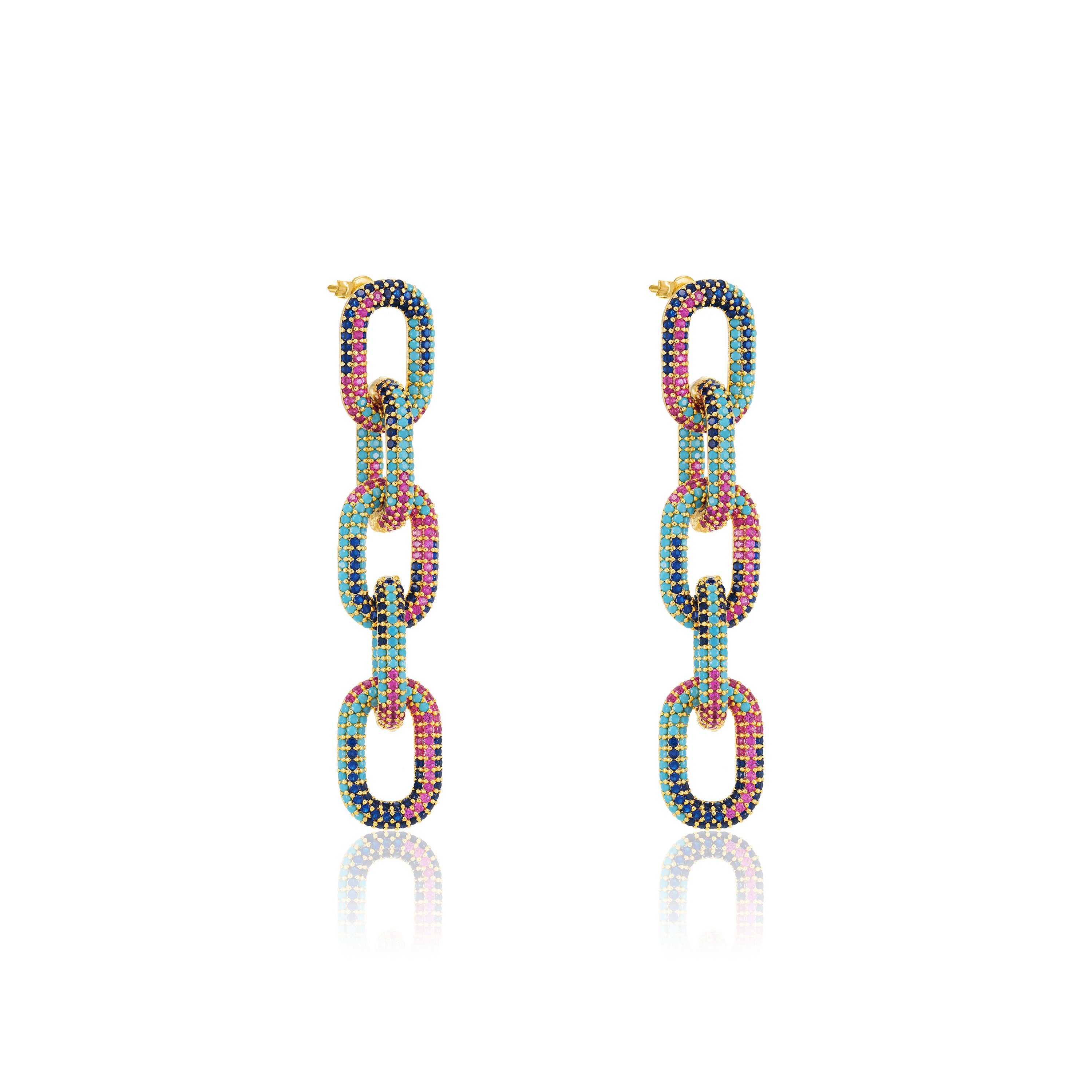 Pave Paperclip Chain Link Earrings - Gold Multicolor