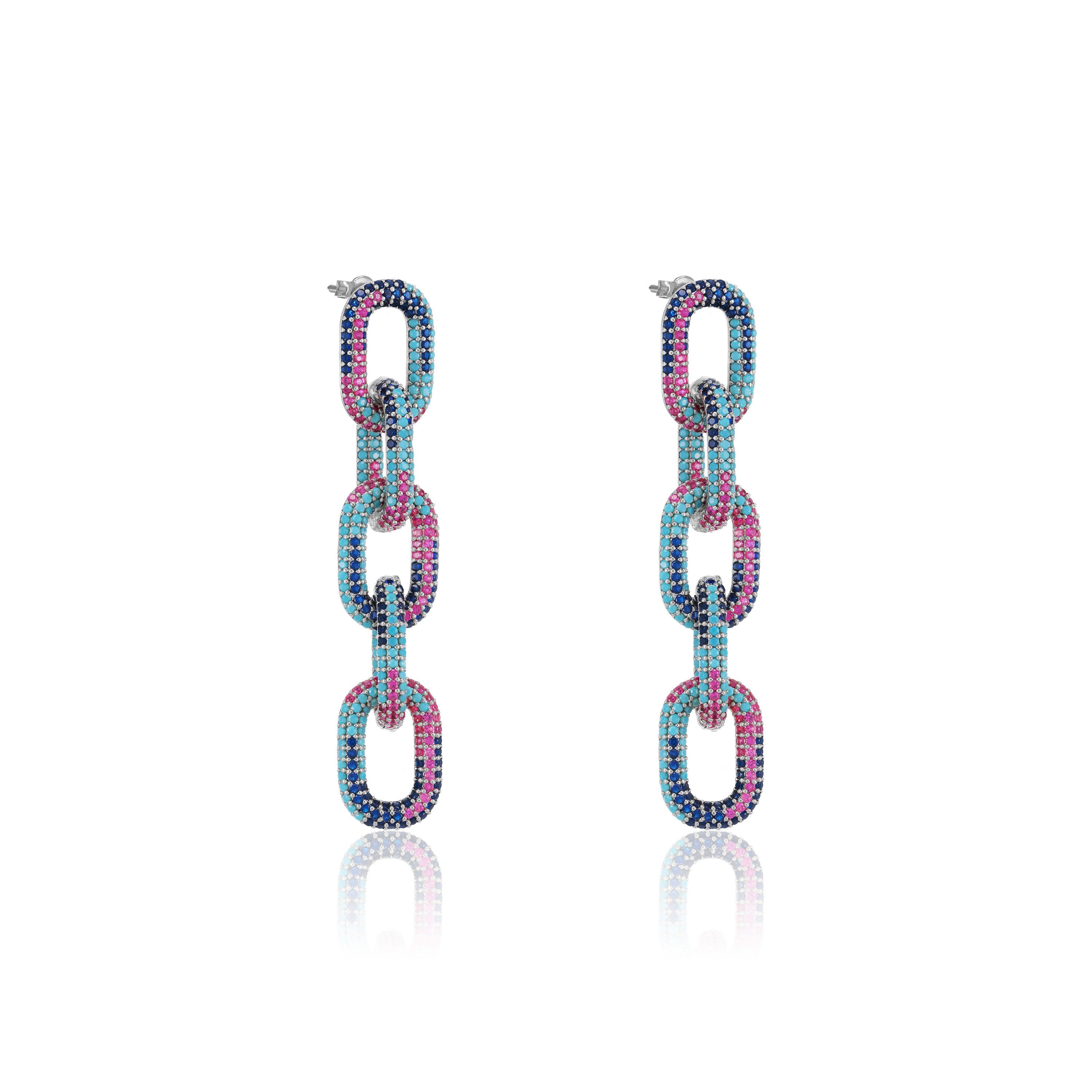 Pave Paperclip Chain Link Earrings - Silver Multicolor
