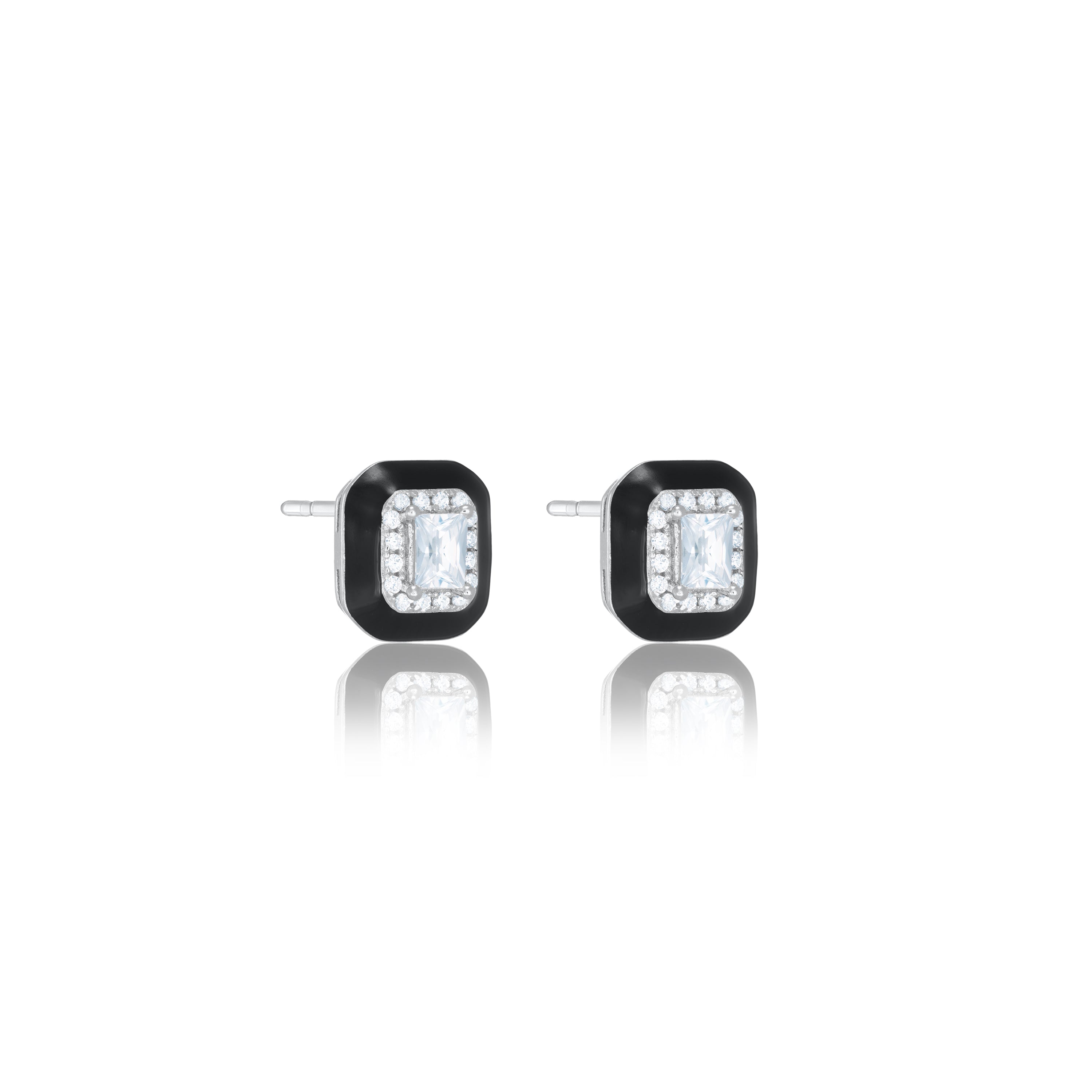 Rectangular Enamel And CZ Framed Octagone Stud Earrings