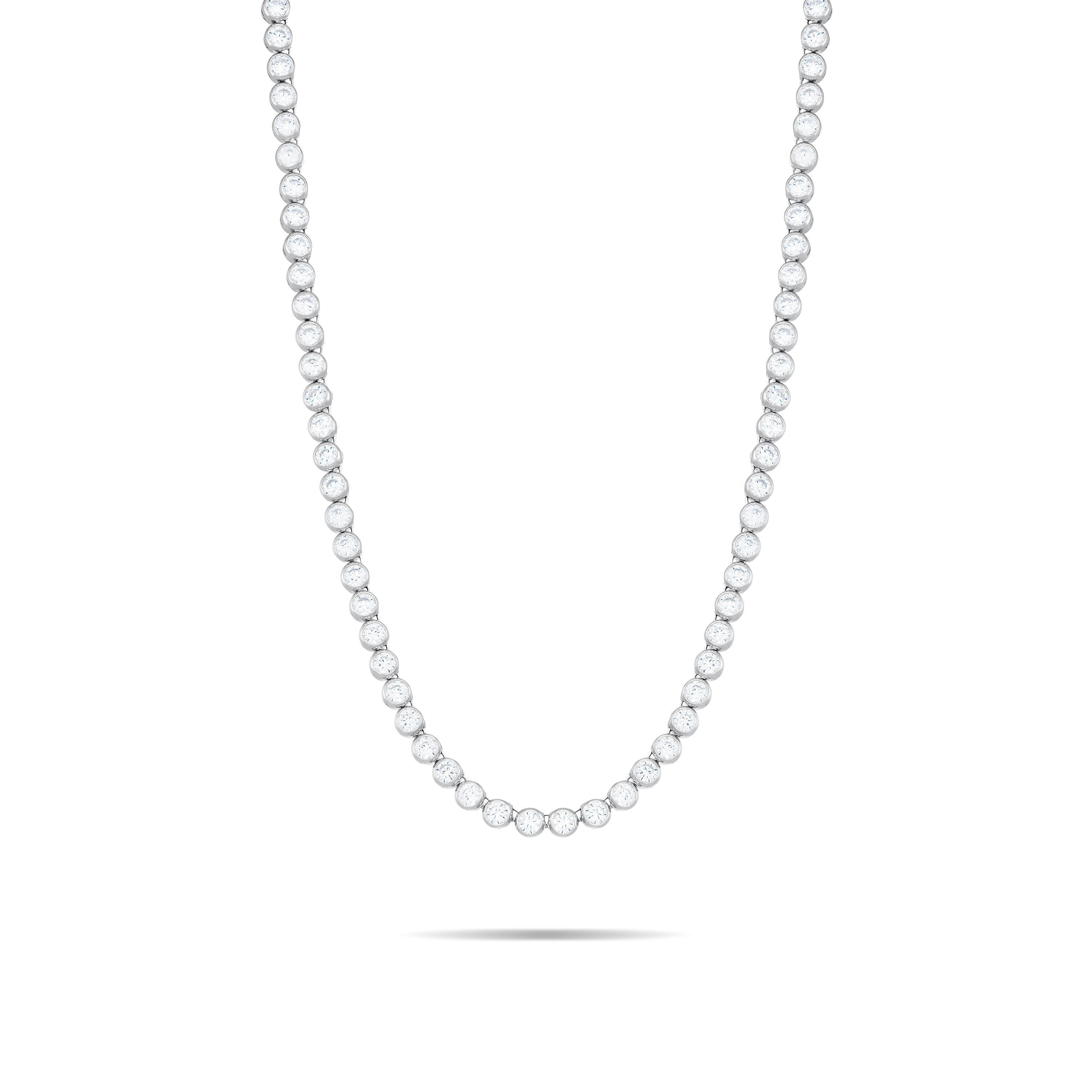 Round Cubic Zirconia Bezel Tennis Long Necklaces With Box Clasp - Silver White
