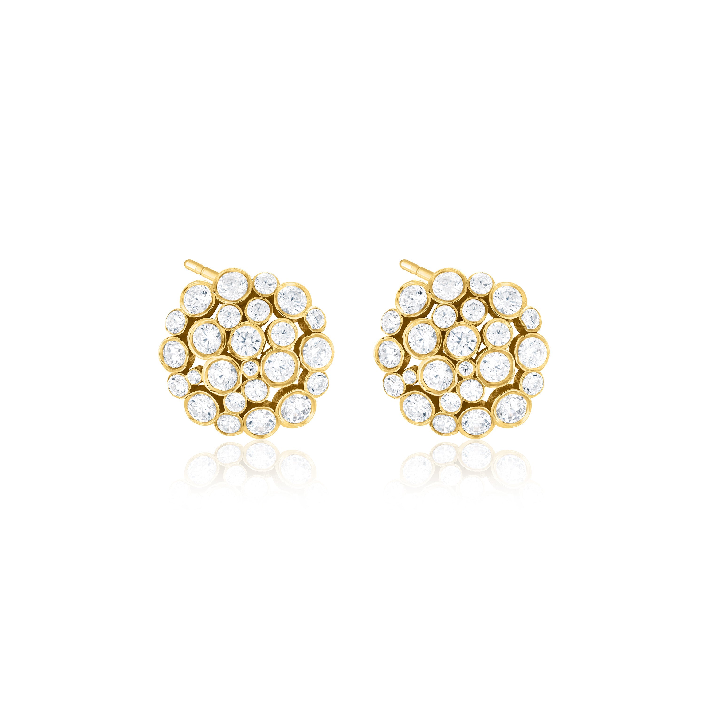 Round Pave Cluster Bezel Earrings - Gold White