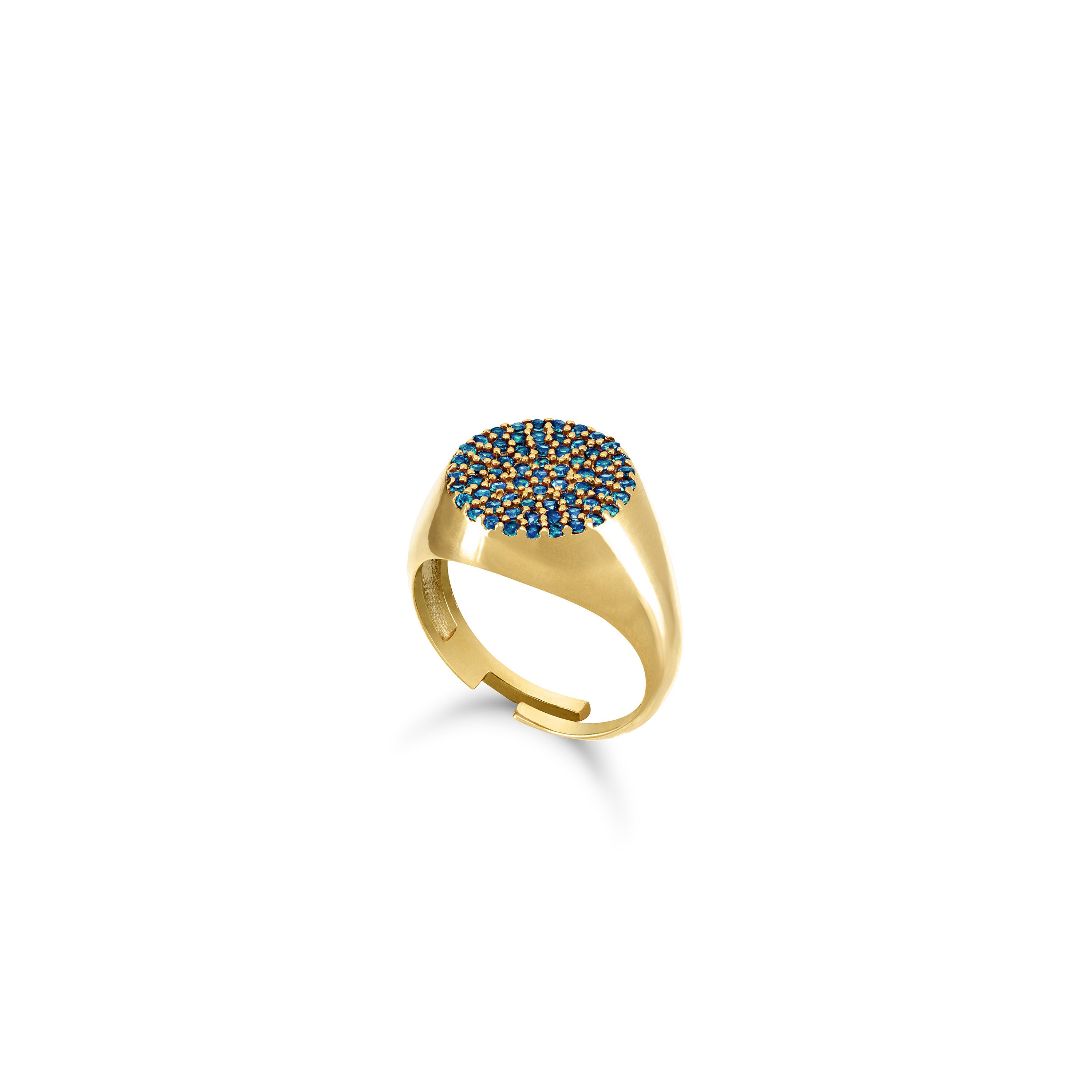 Round Pave Cubic Zirconia Signet Pinky Ring - Gold Aquamarine