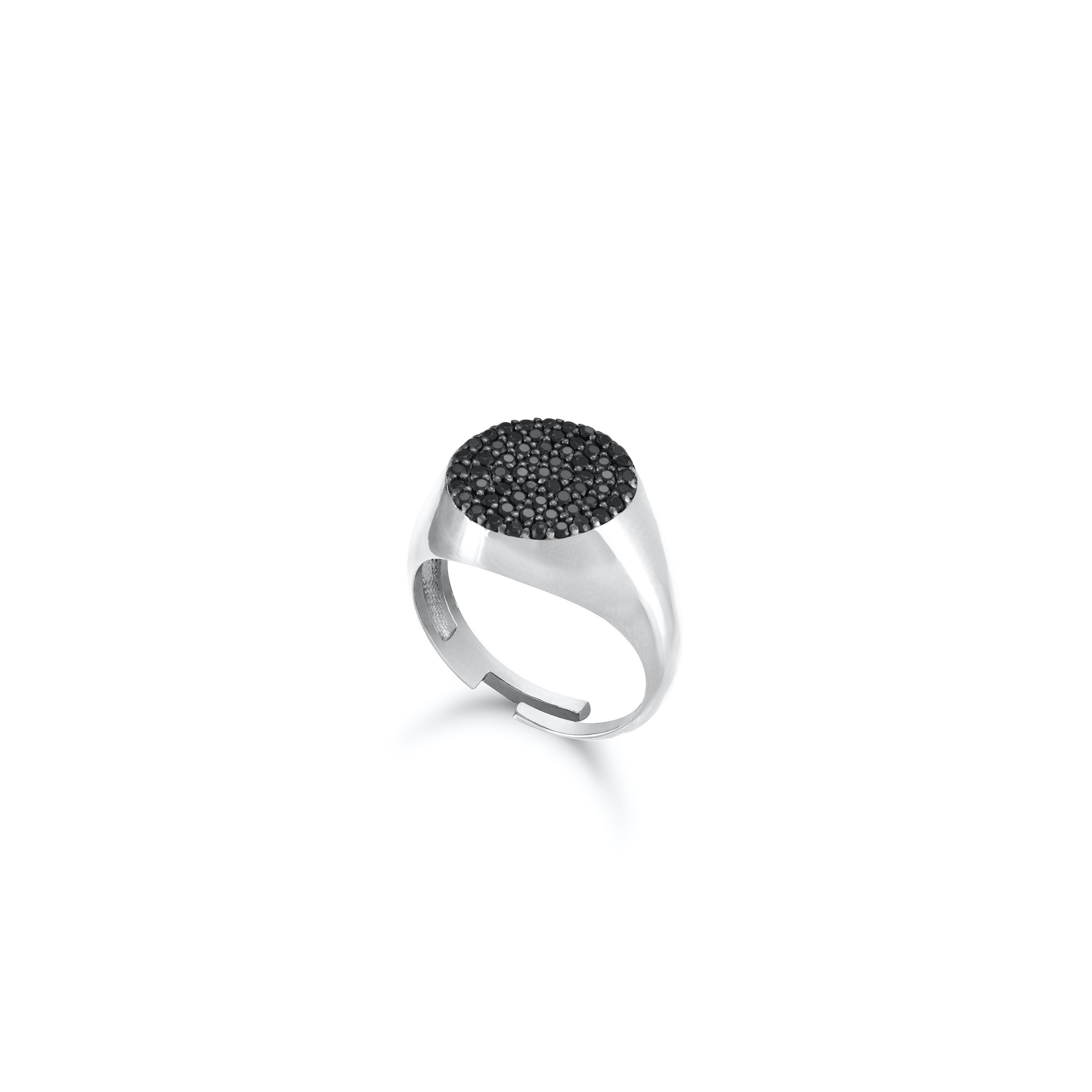 Round Pave Cubic Zirconia Signet Pinky Ring - Silver Black