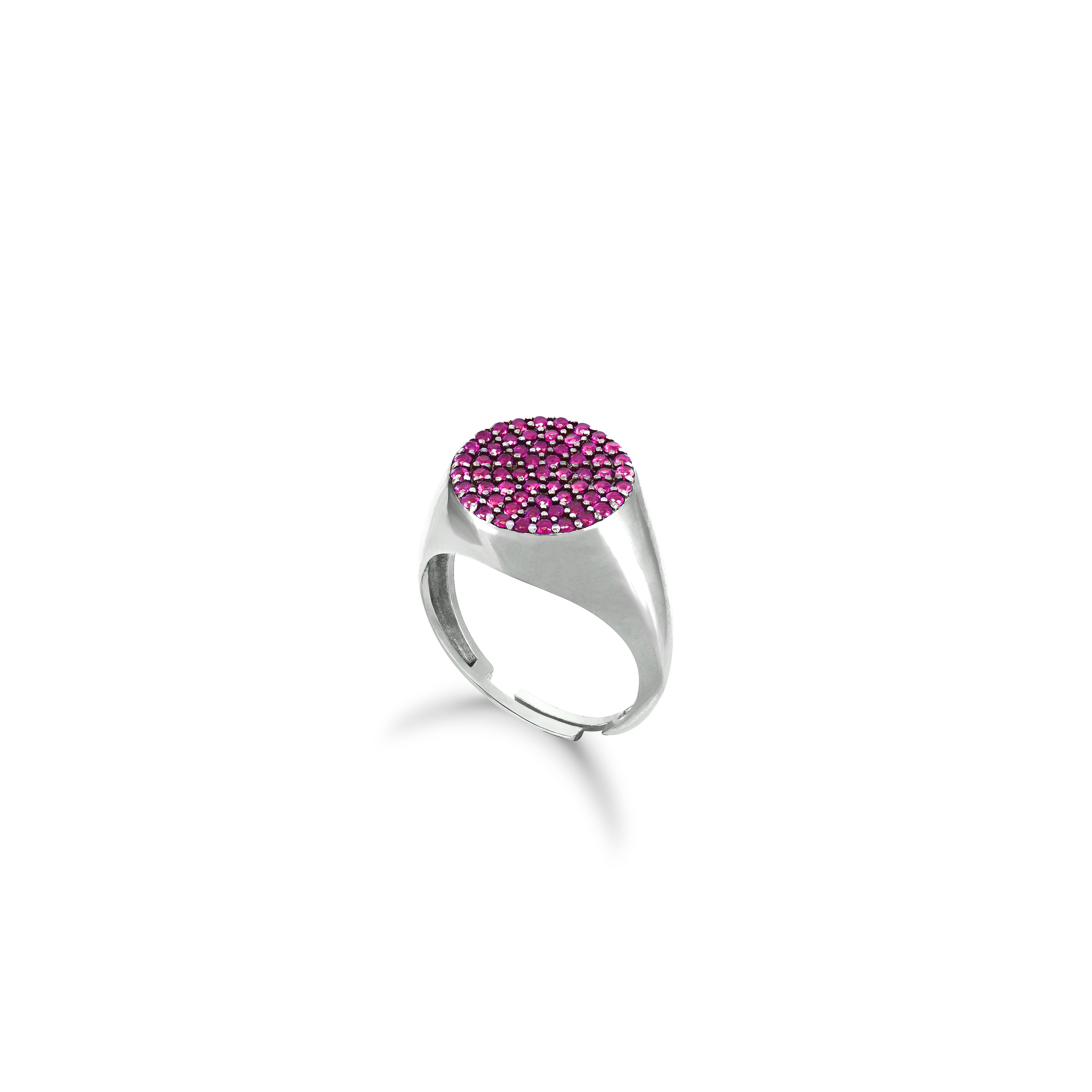 Round Pave Cubic Zirconia Signet Pinky Ring - Silver Fuchsia