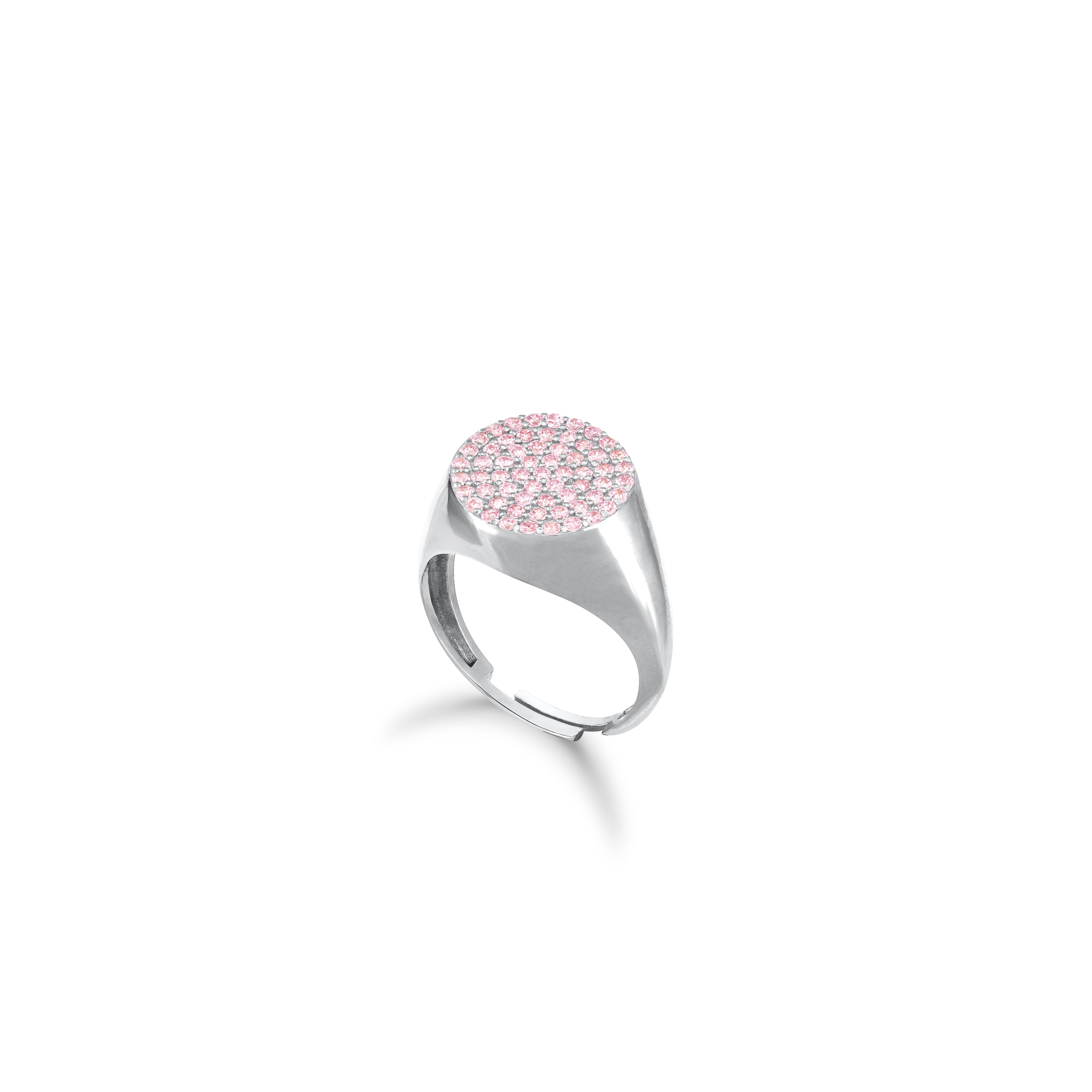 Round Pave Cubic Zirconia Signet Pinky Ring - Silver Light Pink