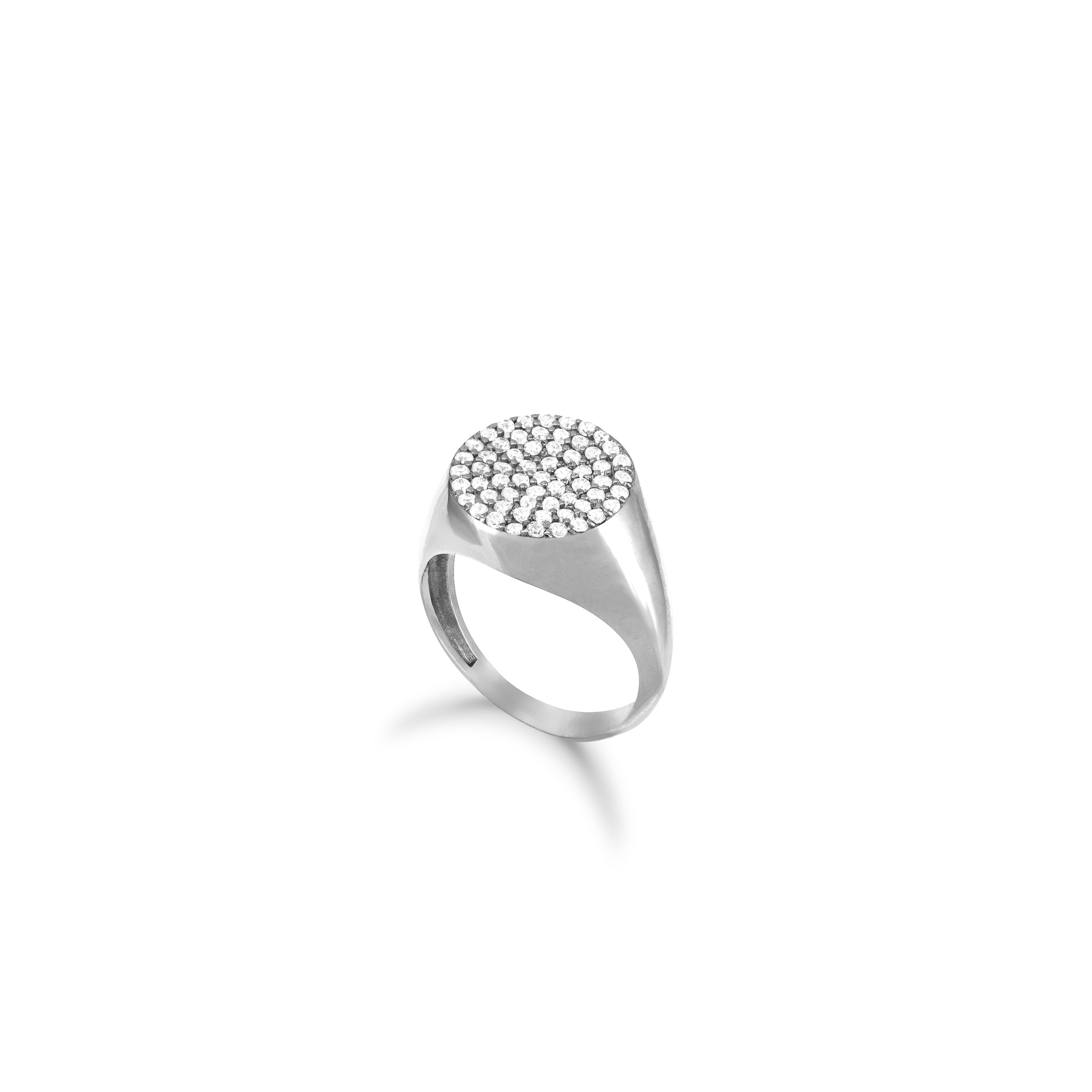 Round Pave Cubic Zirconia Signet Pinky Ring - Silver White