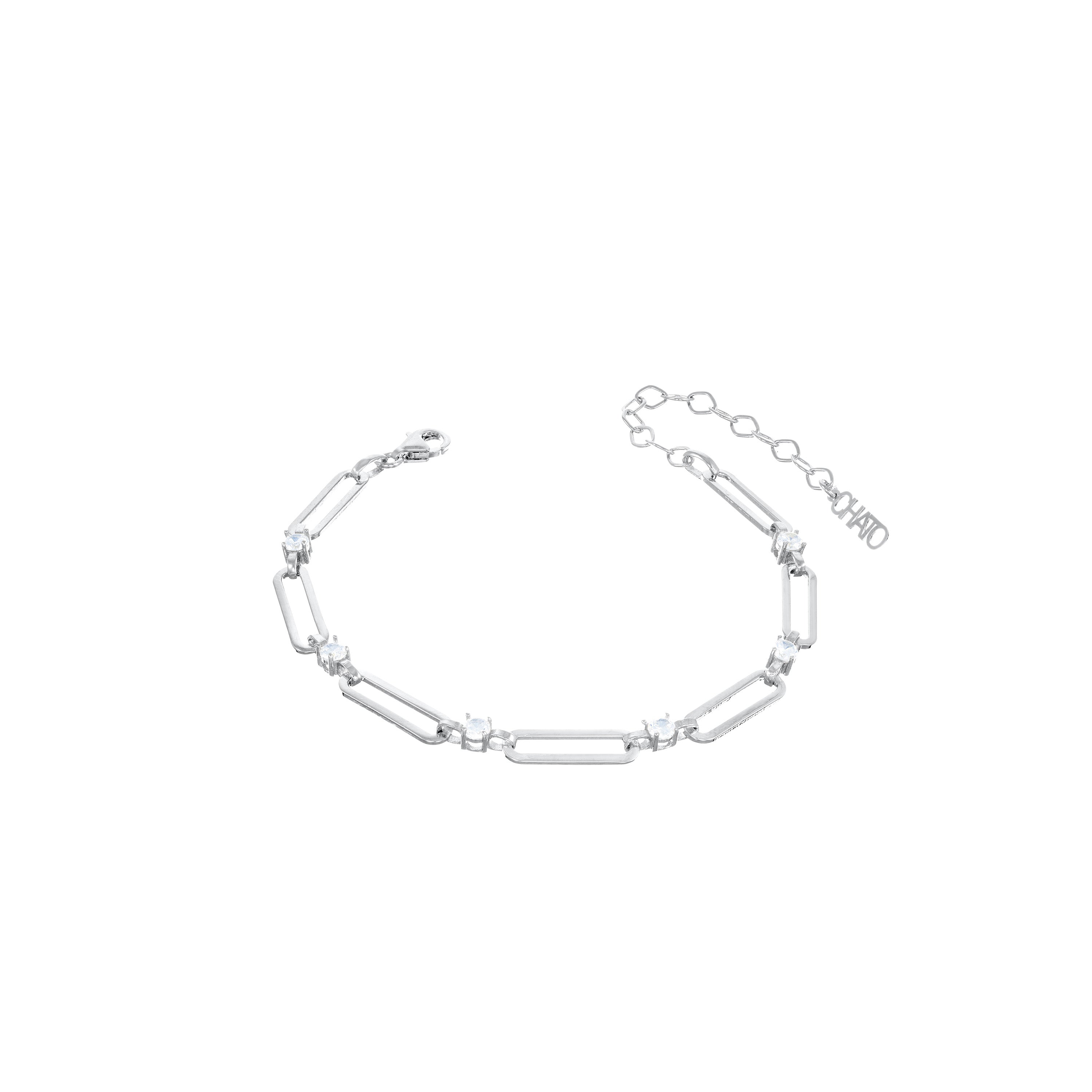 Short Paperclip With Dots Zirconia Bracelet - Silver White