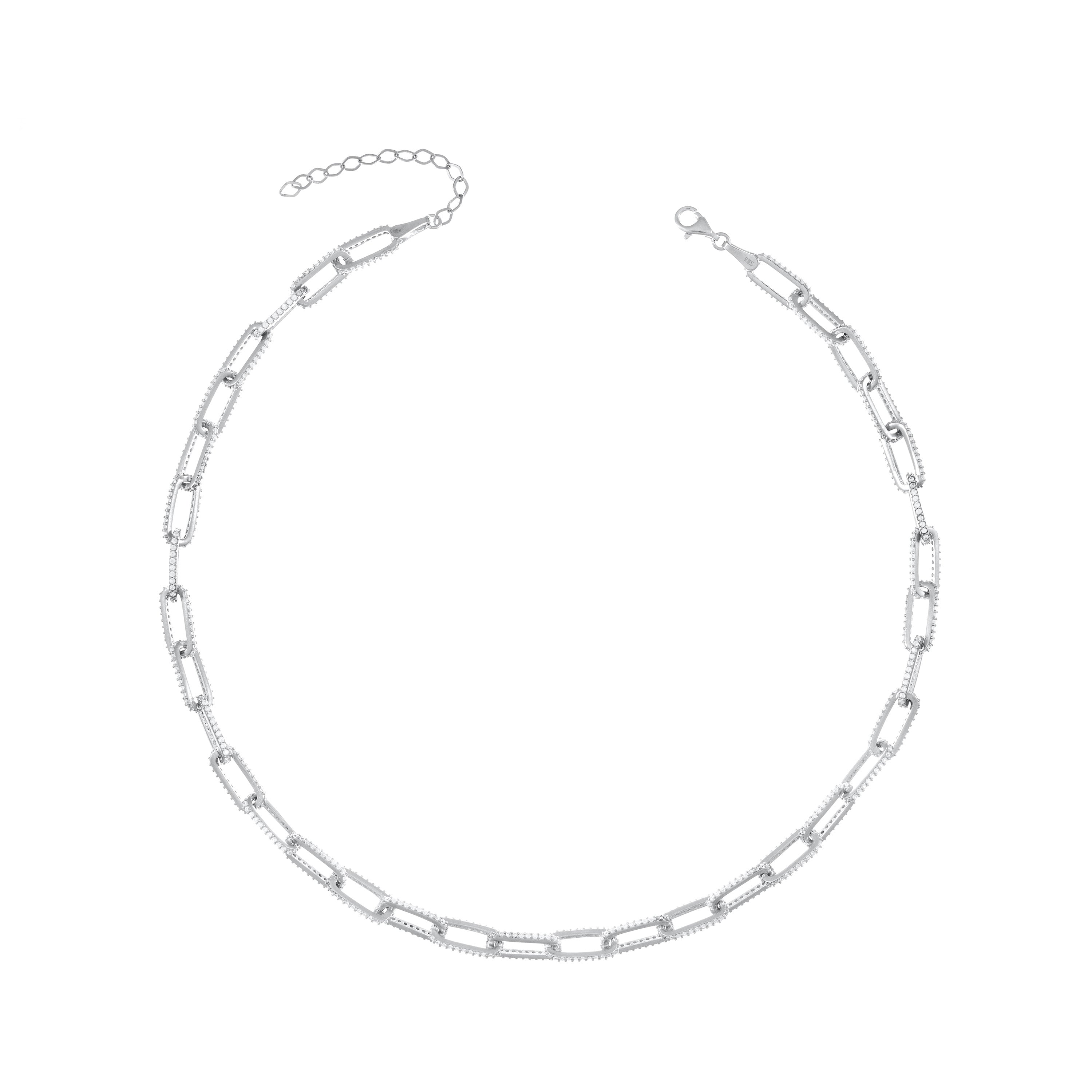 Side Pave Paperclip Link Choker - Silver White