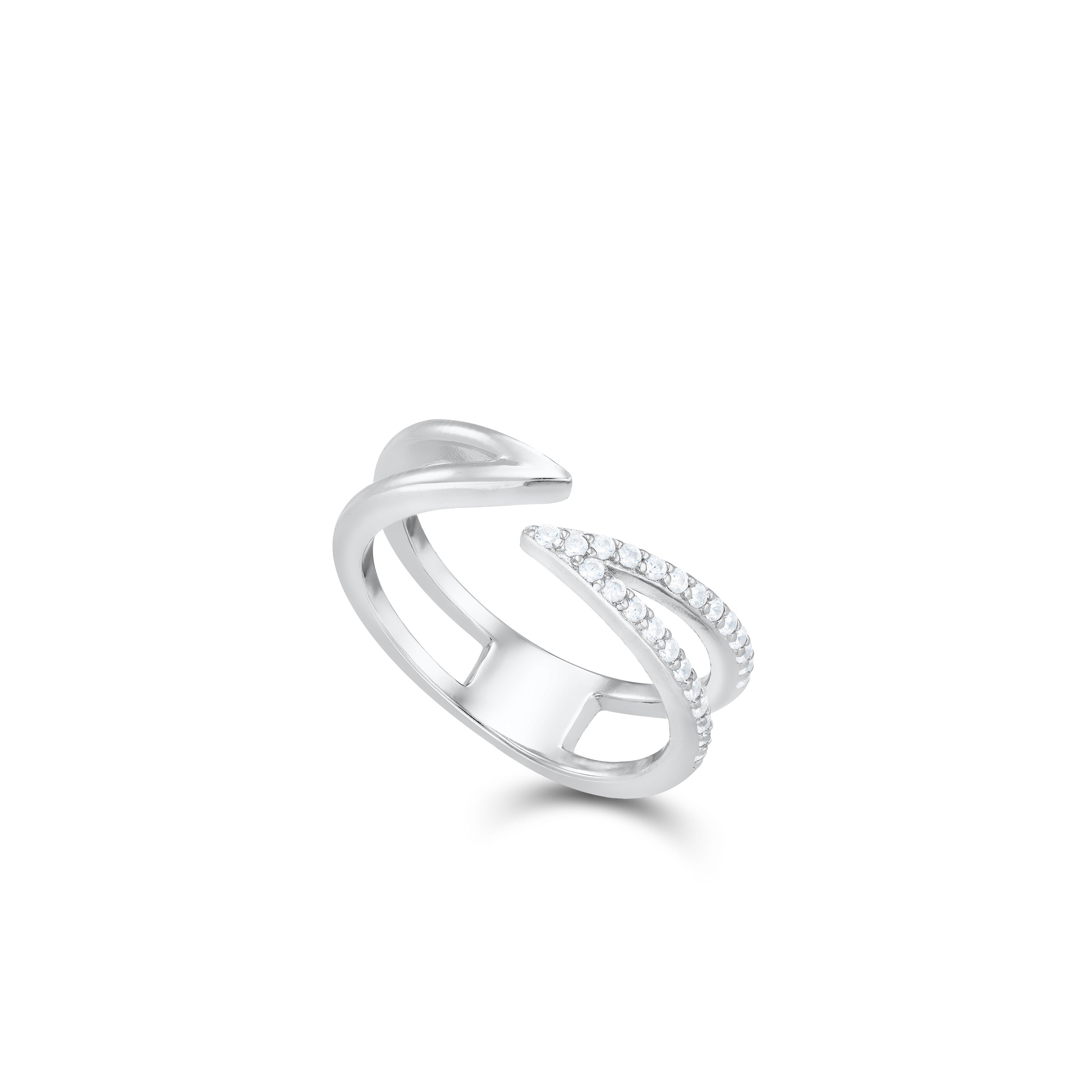 Side Cubic Zirconia V Shape Open Wrap Ring - Silver White