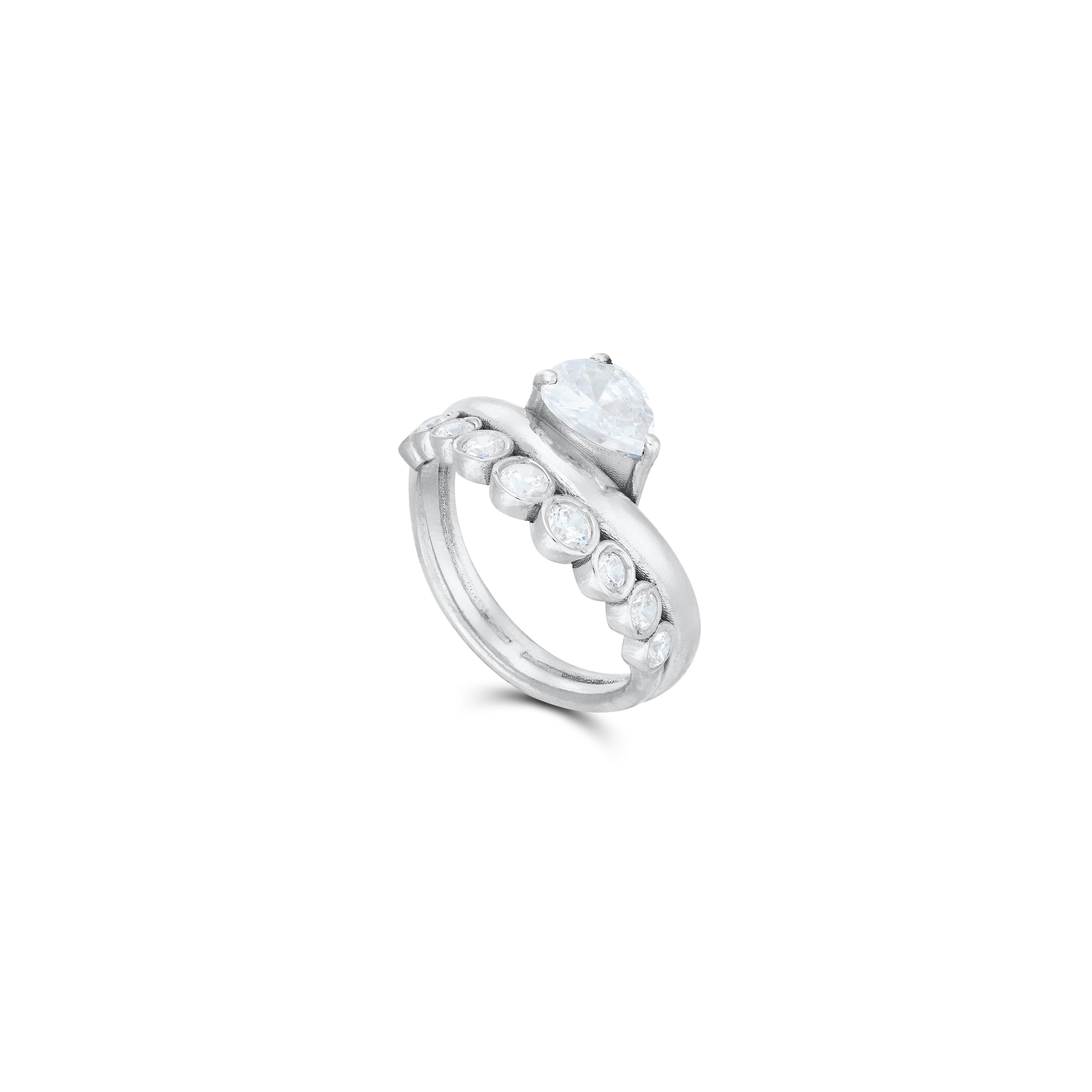 Stacked Bezel Teardrop Cz Ring - Silver White