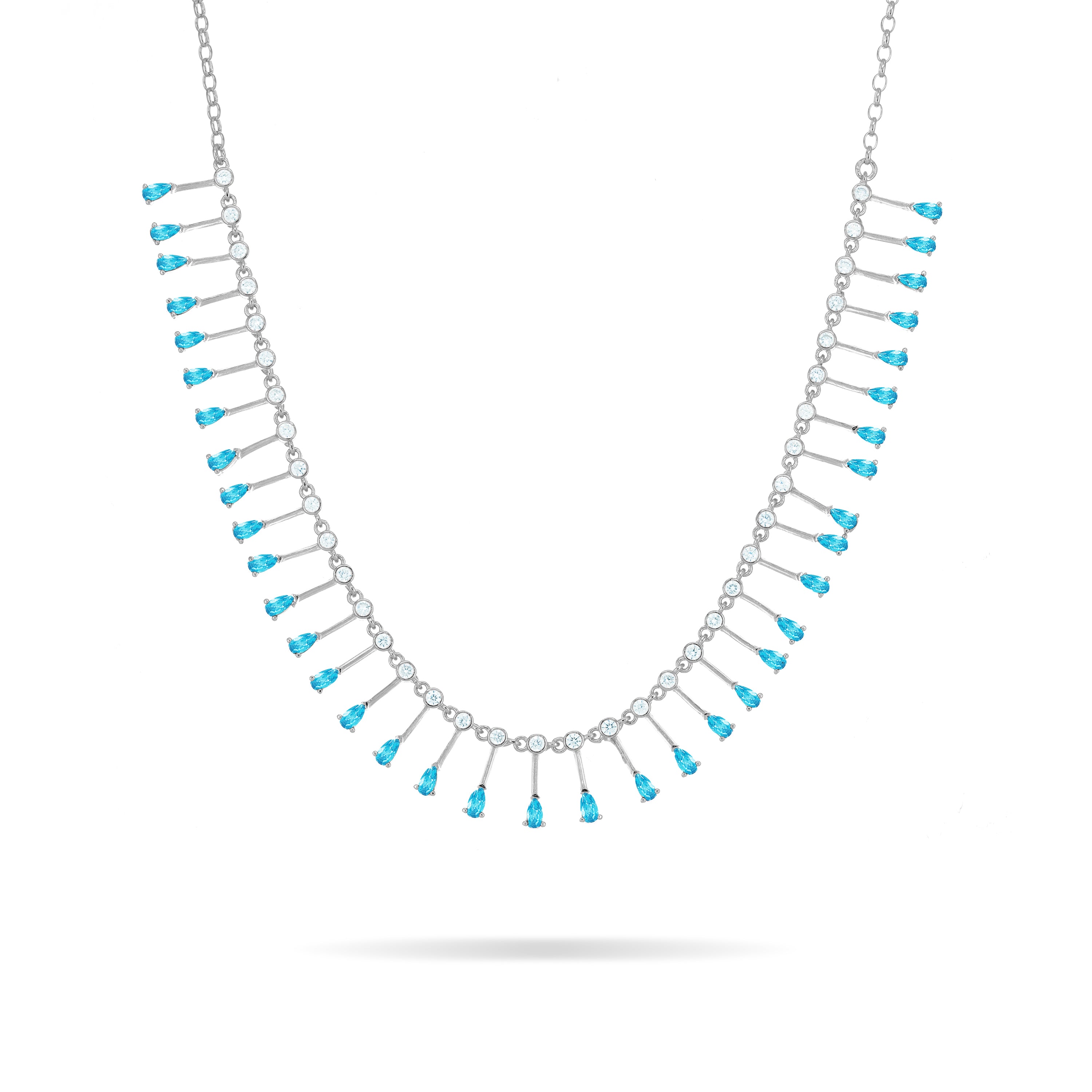 Teardrop Fringe Necklace - Silver Aquamarine And White