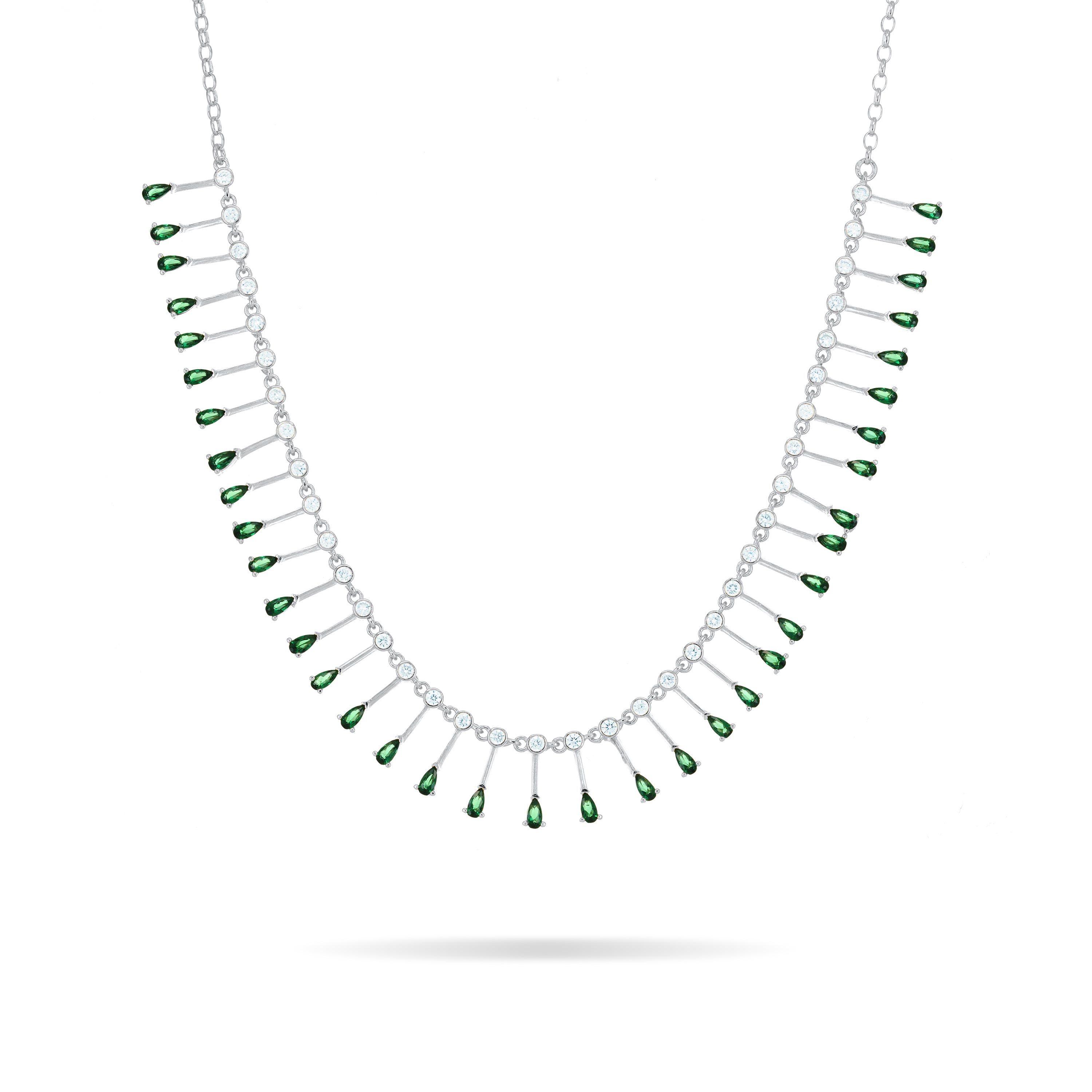Teardrop Fringe Necklace - Silver Green And White