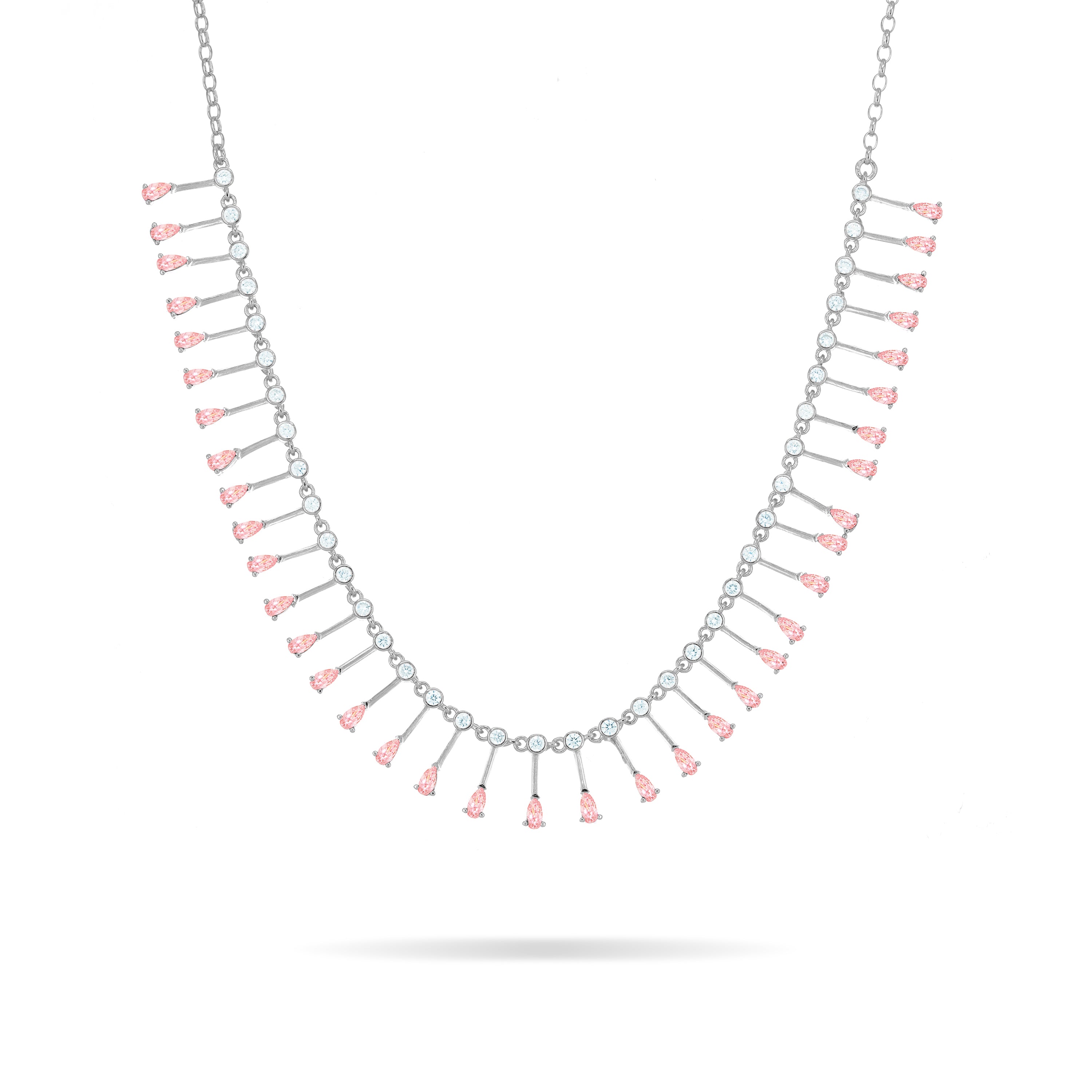 Teardrop Fringe Necklace - Silver Light Pink And White
