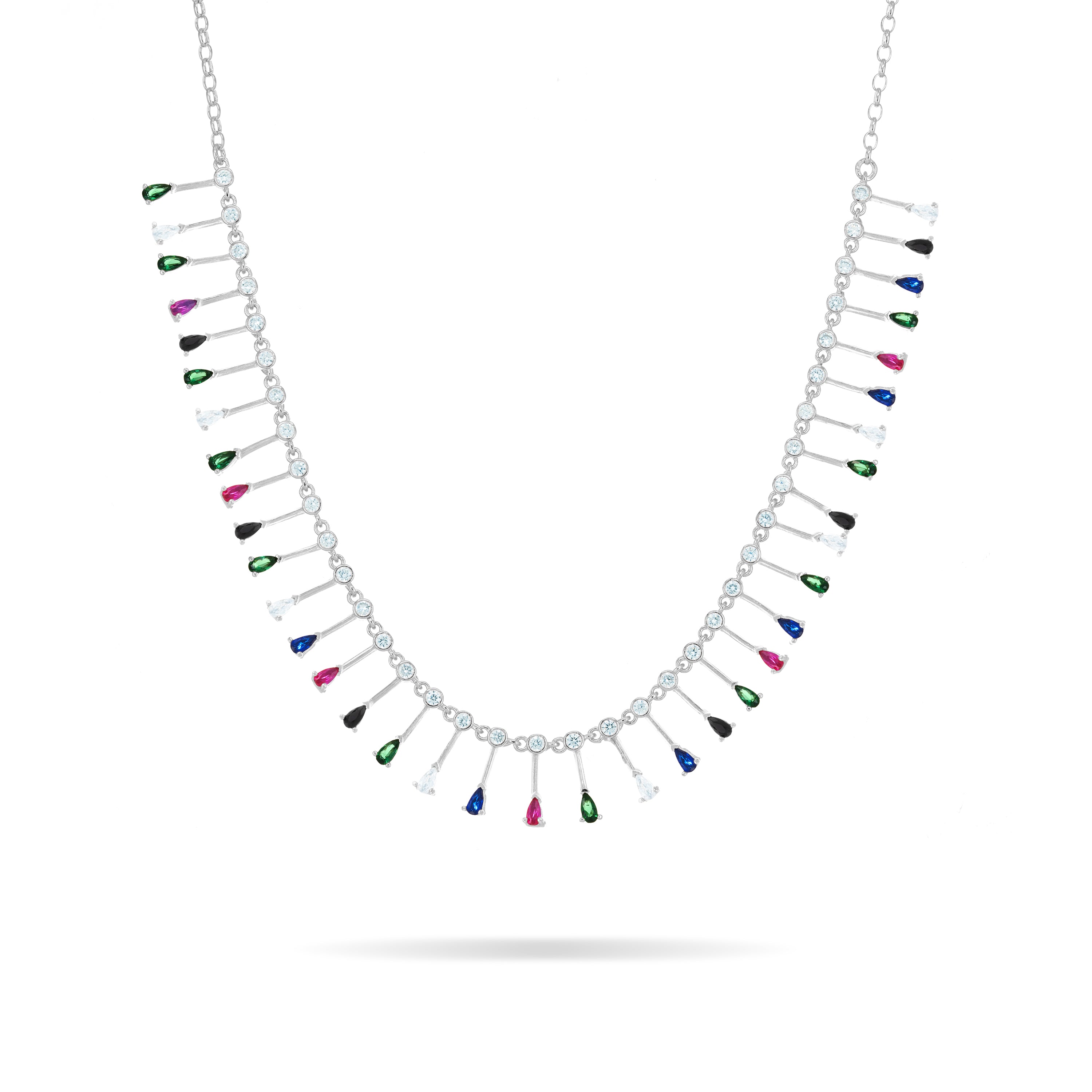 Teardrop Fringe Necklace - Silver Rainbow And White
