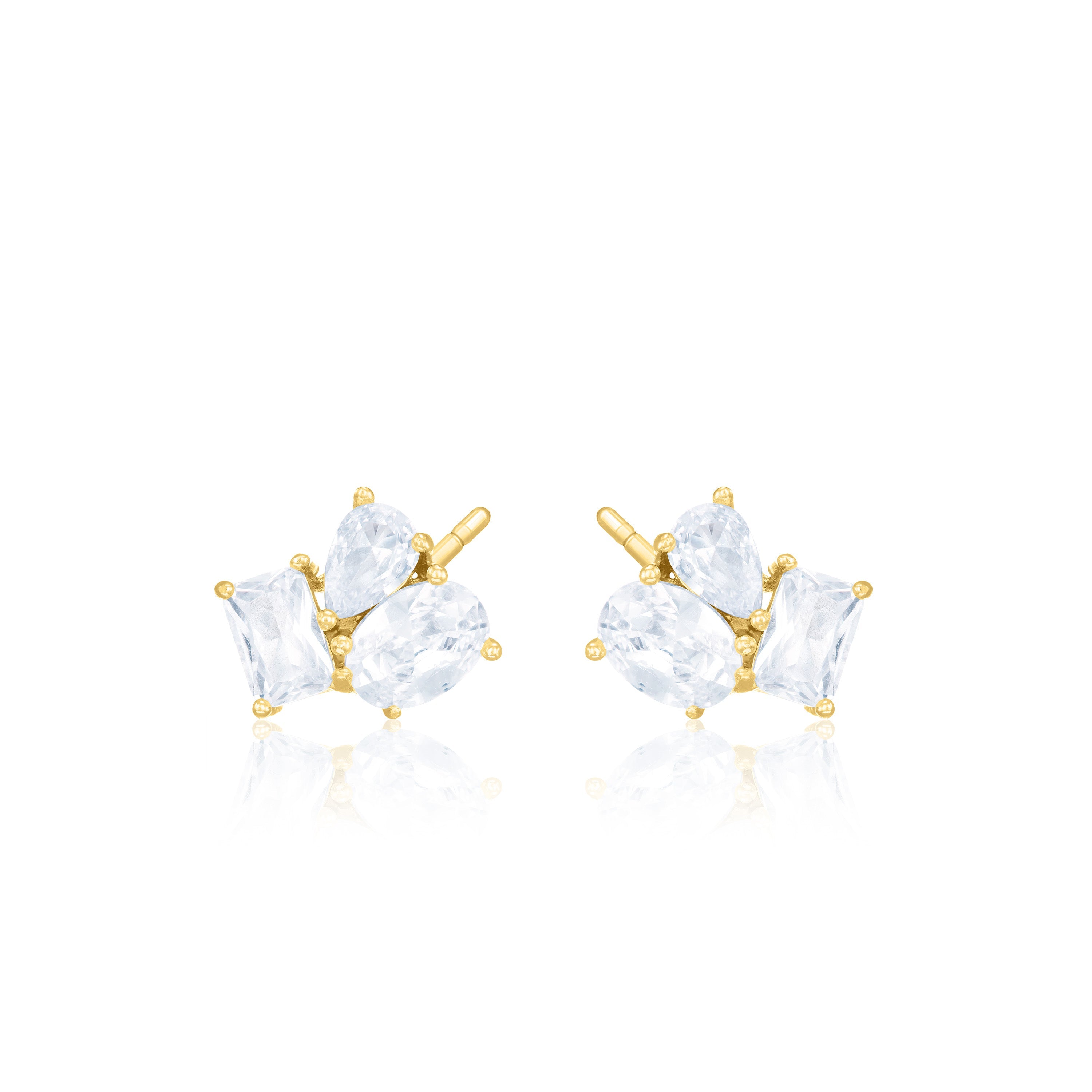 Teardrop Oval And Emerald Cut Cluster Stud Earrings - Gold White