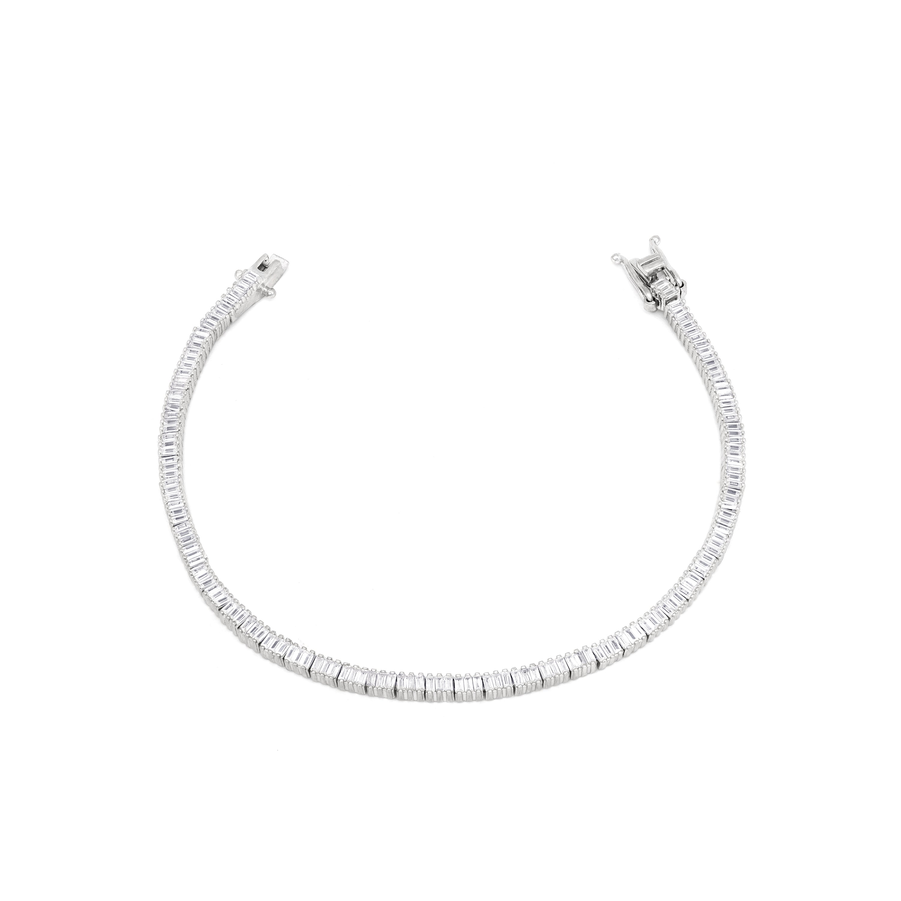 Tennis Baguette Bracelet With Box Clasp - Silver