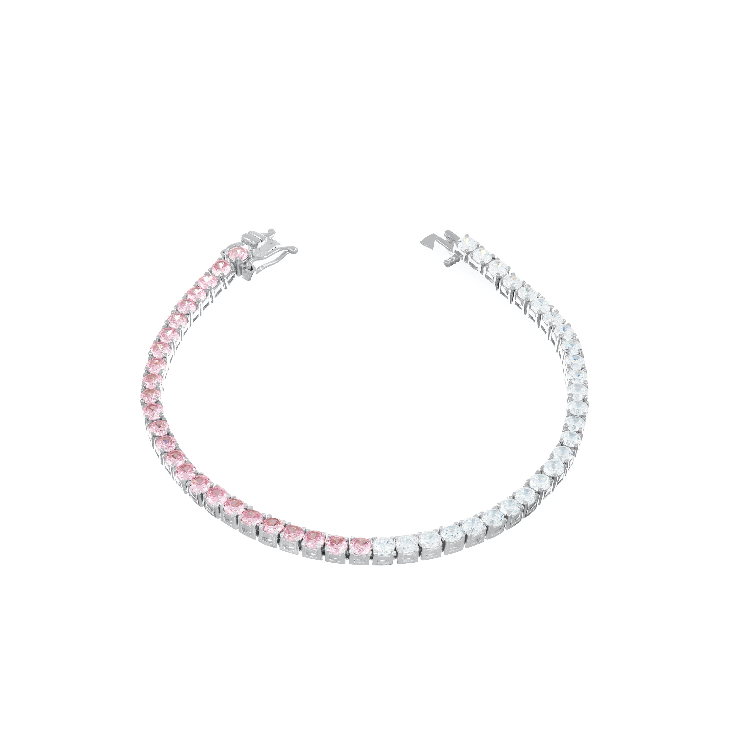 Tennis Bracelet With Box Clasp - Silver Half Light Pink Half White - 3mm