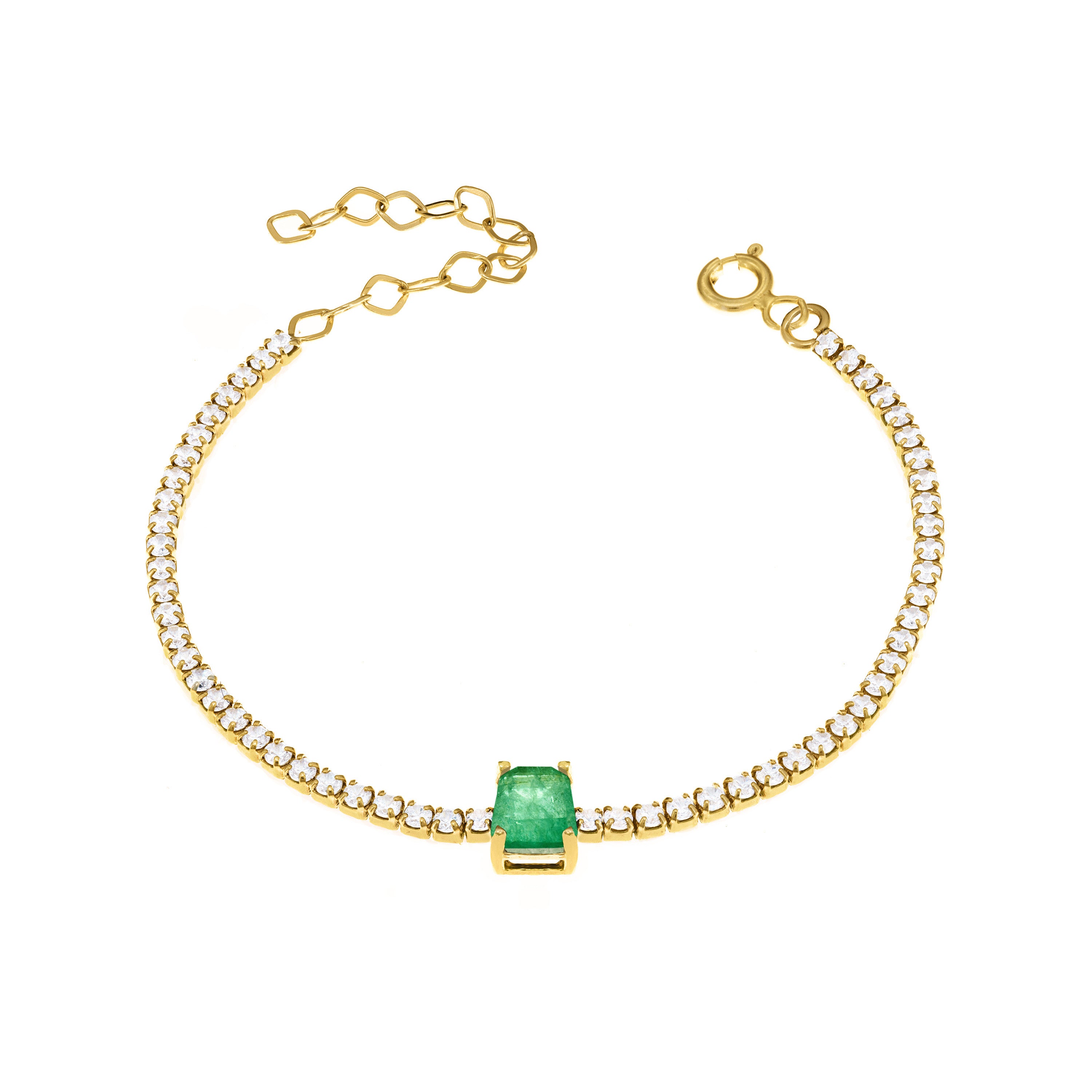 Tennis Bracelet With Center Square Stone - Gold Green Matt And White