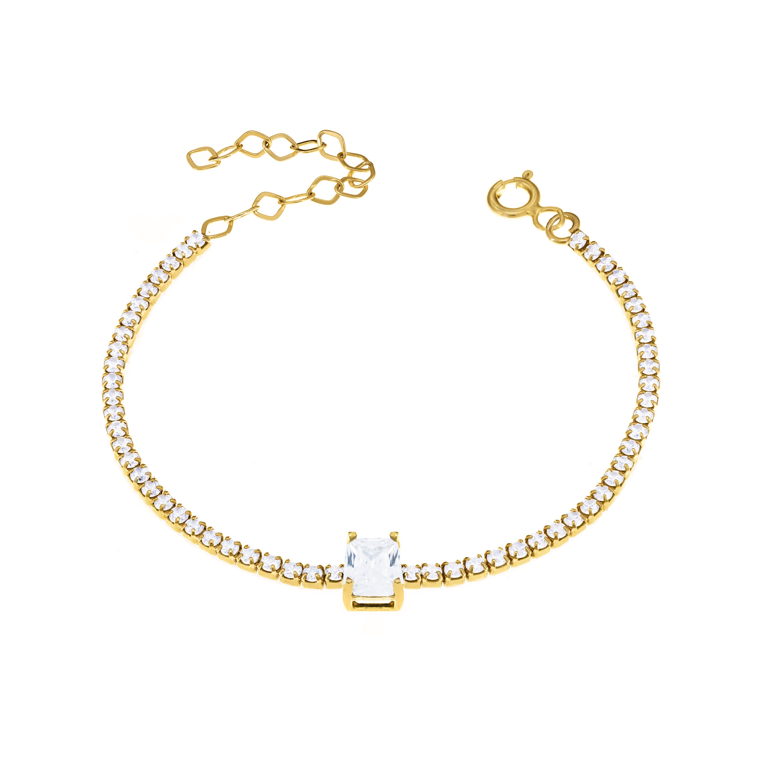 Tennis Bracelet With Center Square Stone - Gold White