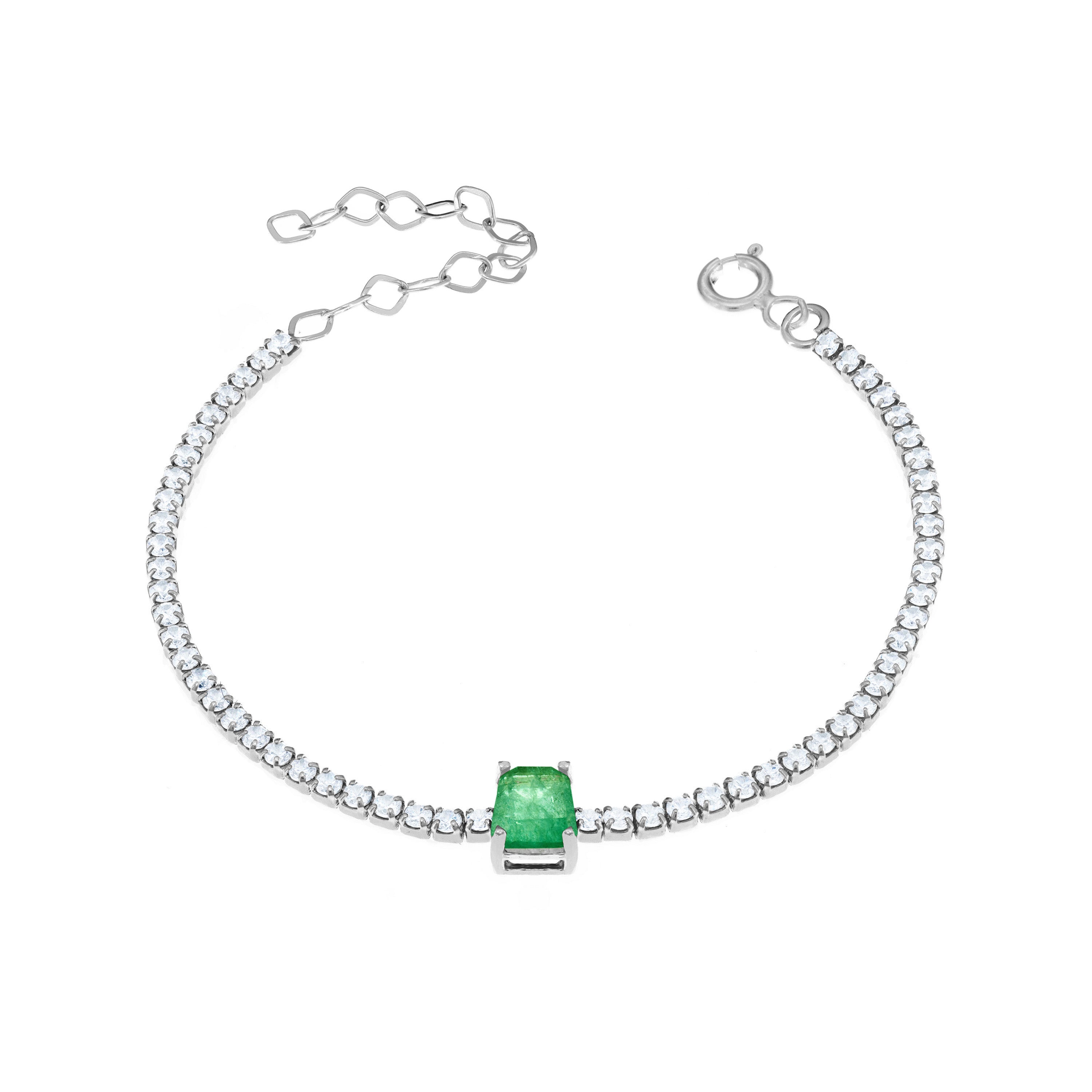 Tennis Bracelet With Center Square Stone - Silver Green Matt And White