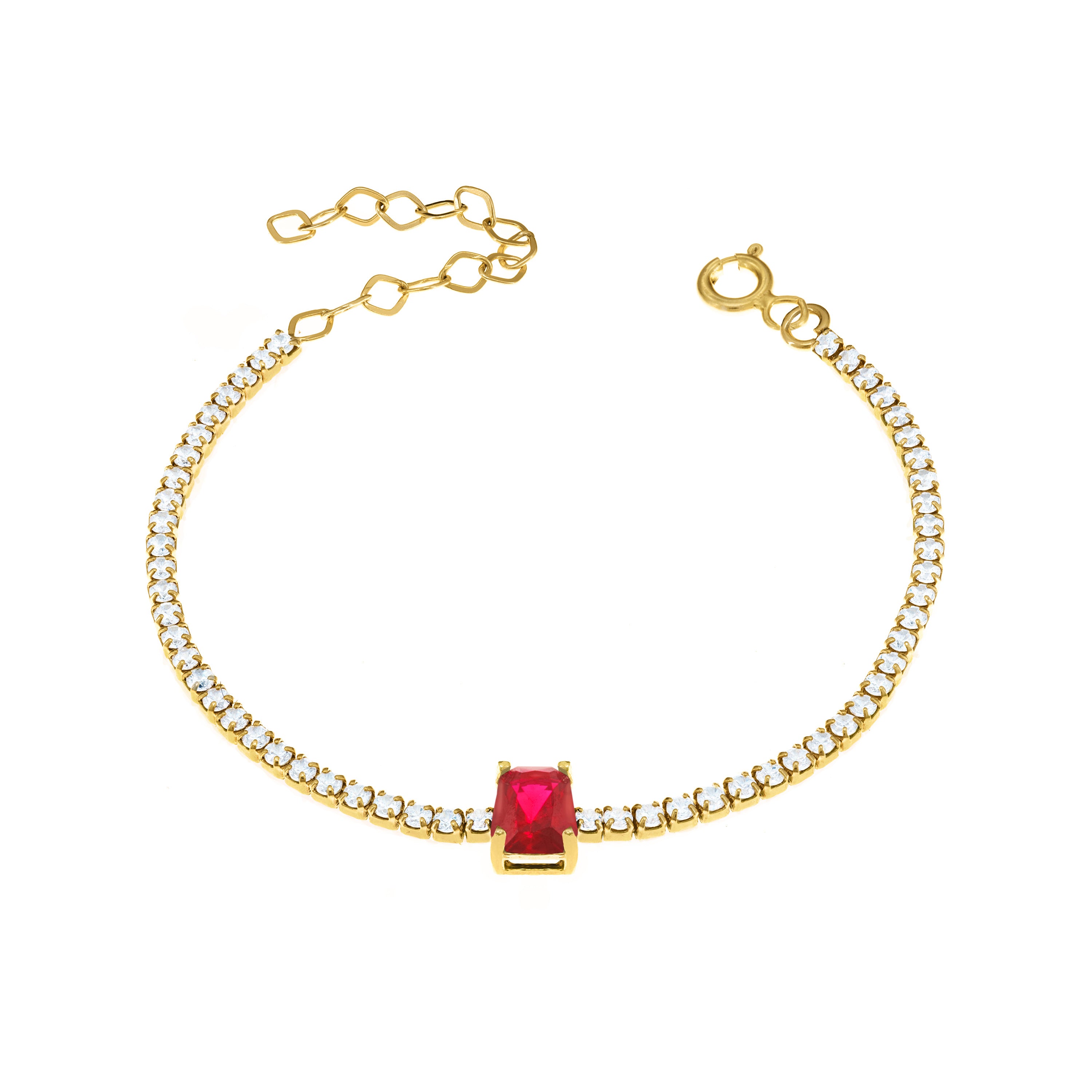 Tennis Bracelet With Center Square Stone - Gold Ruby CZ And White