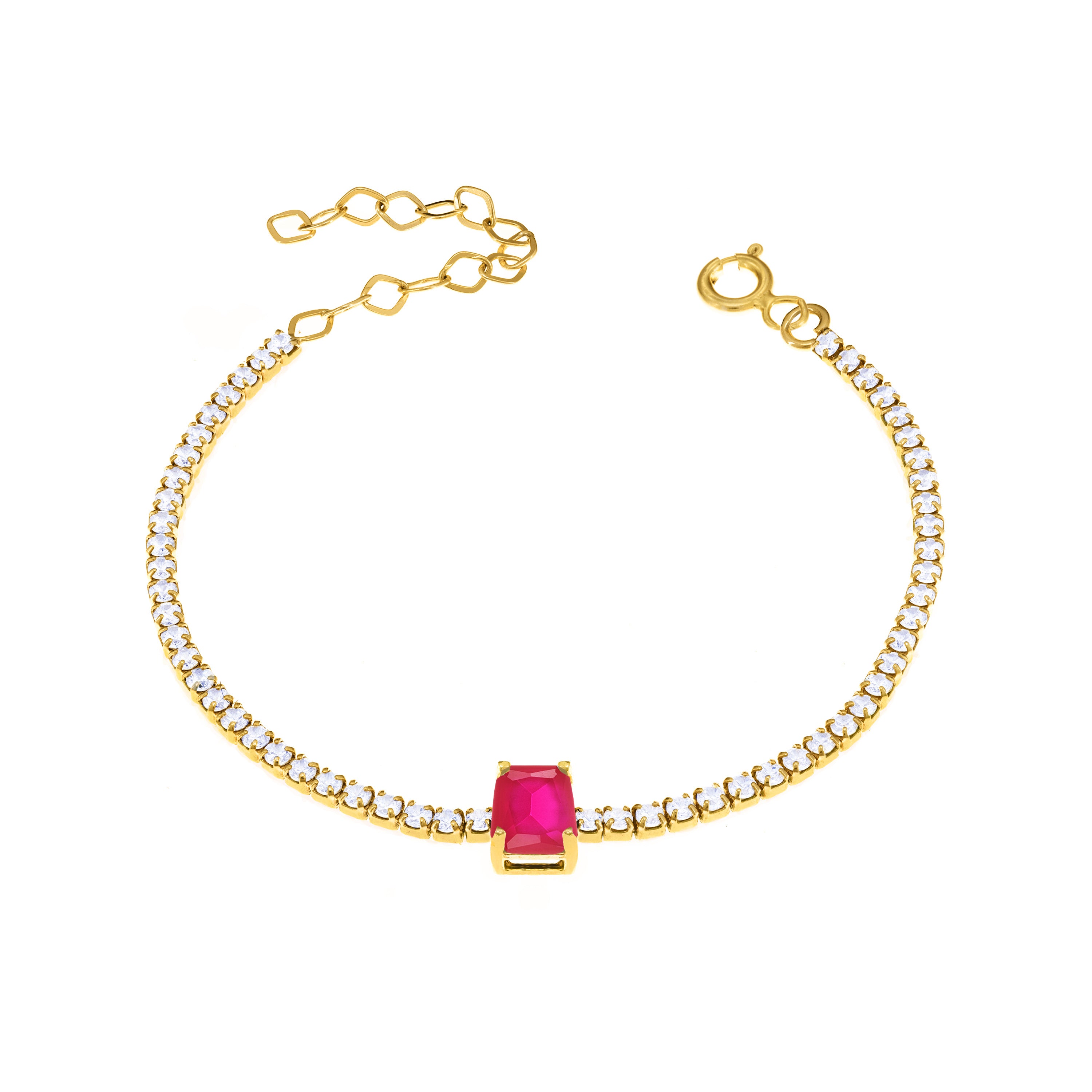 Tennis Bracelet With Center Square Stone - Gold Ruby Matt And White
