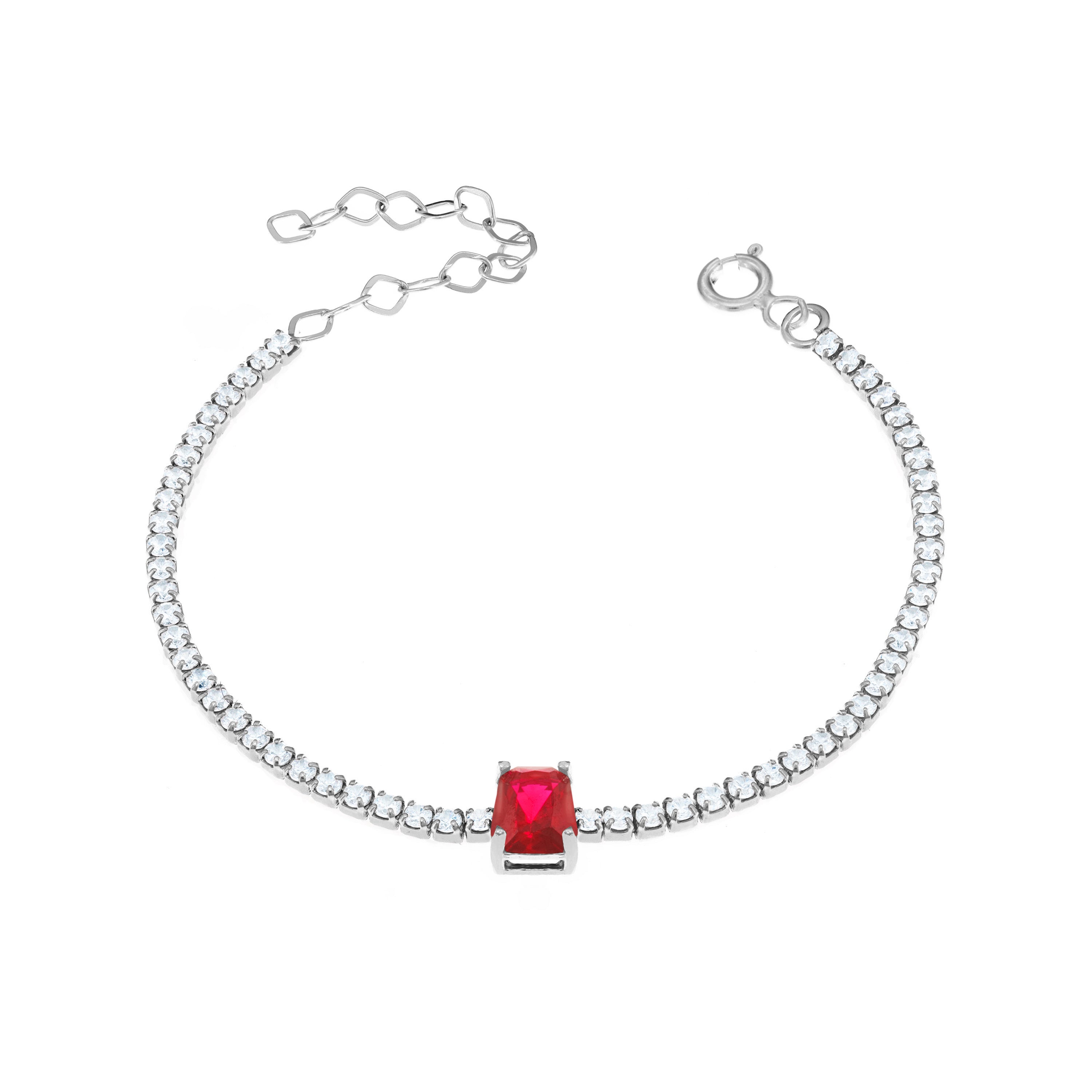 Tennis Bracelet With Center Square Stone - Silver Ruby CZ And White
