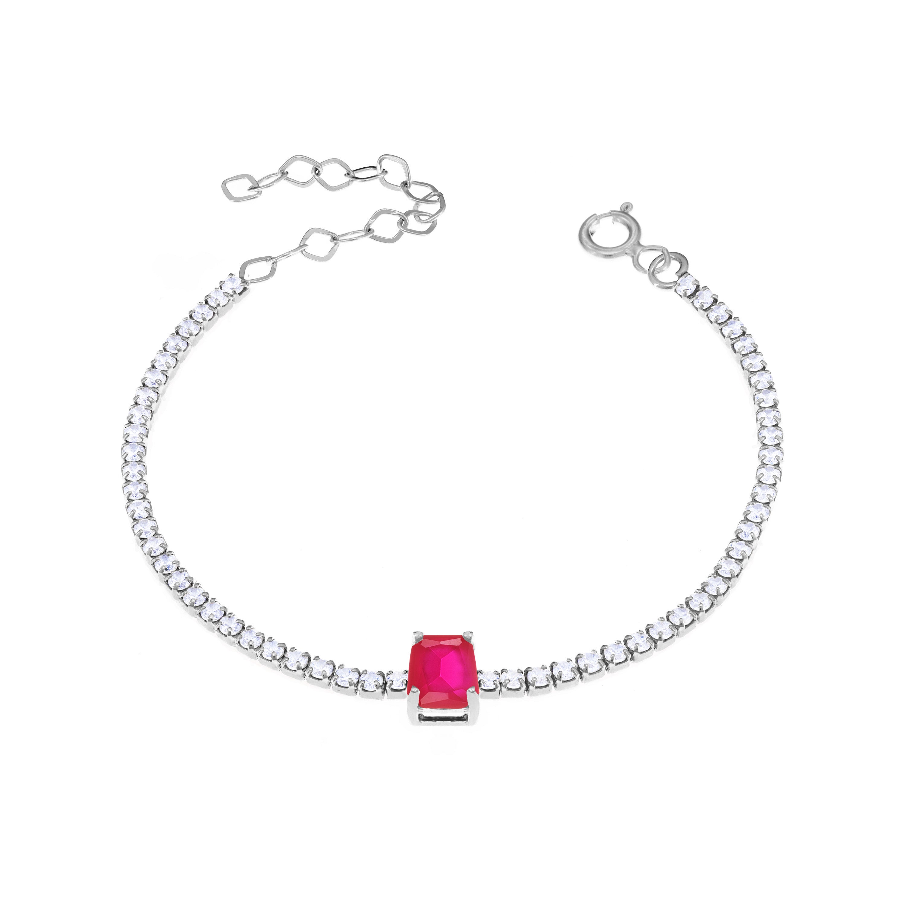 Tennis Bracelet With Center Square Stone - Silver Ruby Matt And White