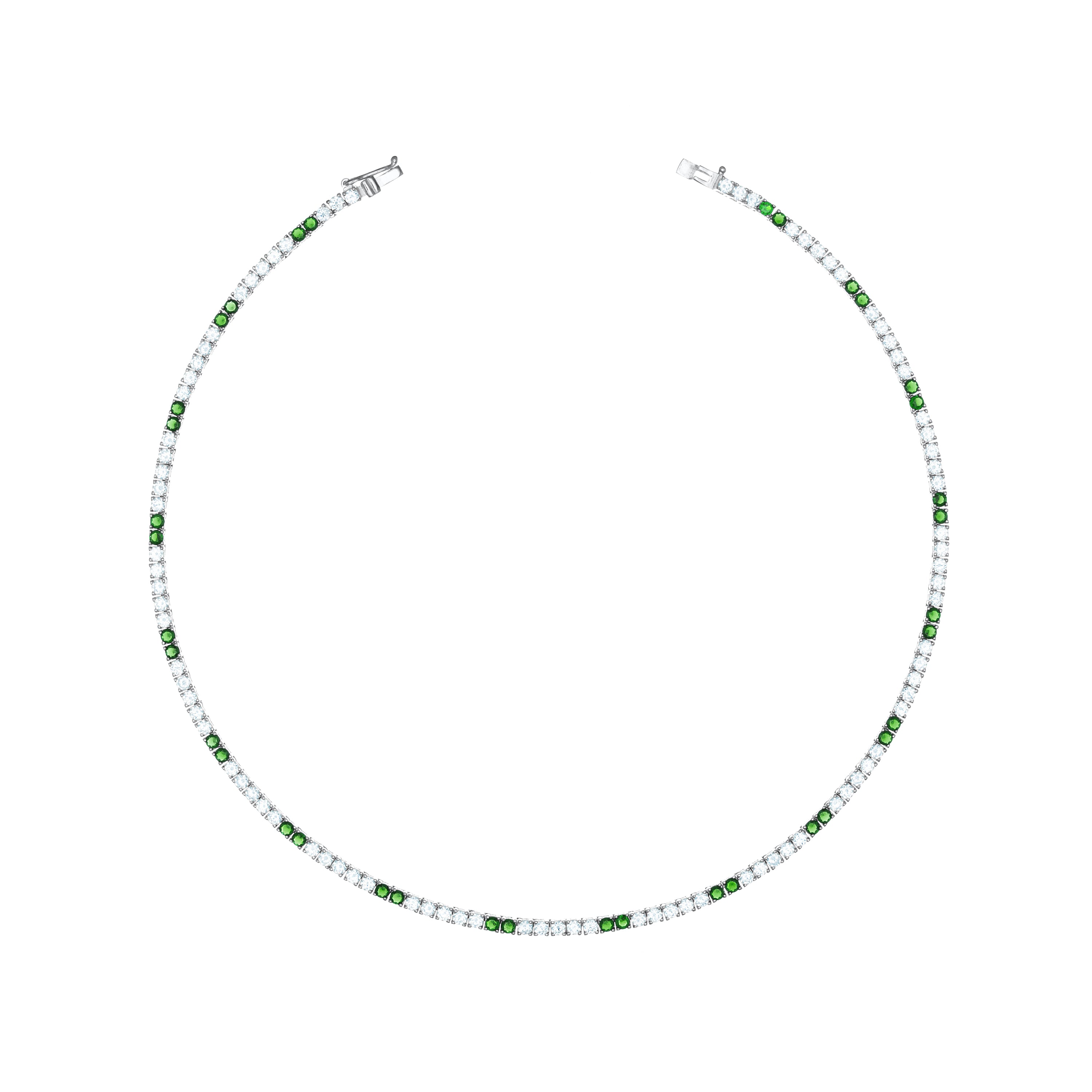 Tennis Necklace With Box Clasp - Silver Two Dots Green And White - 2.5mm