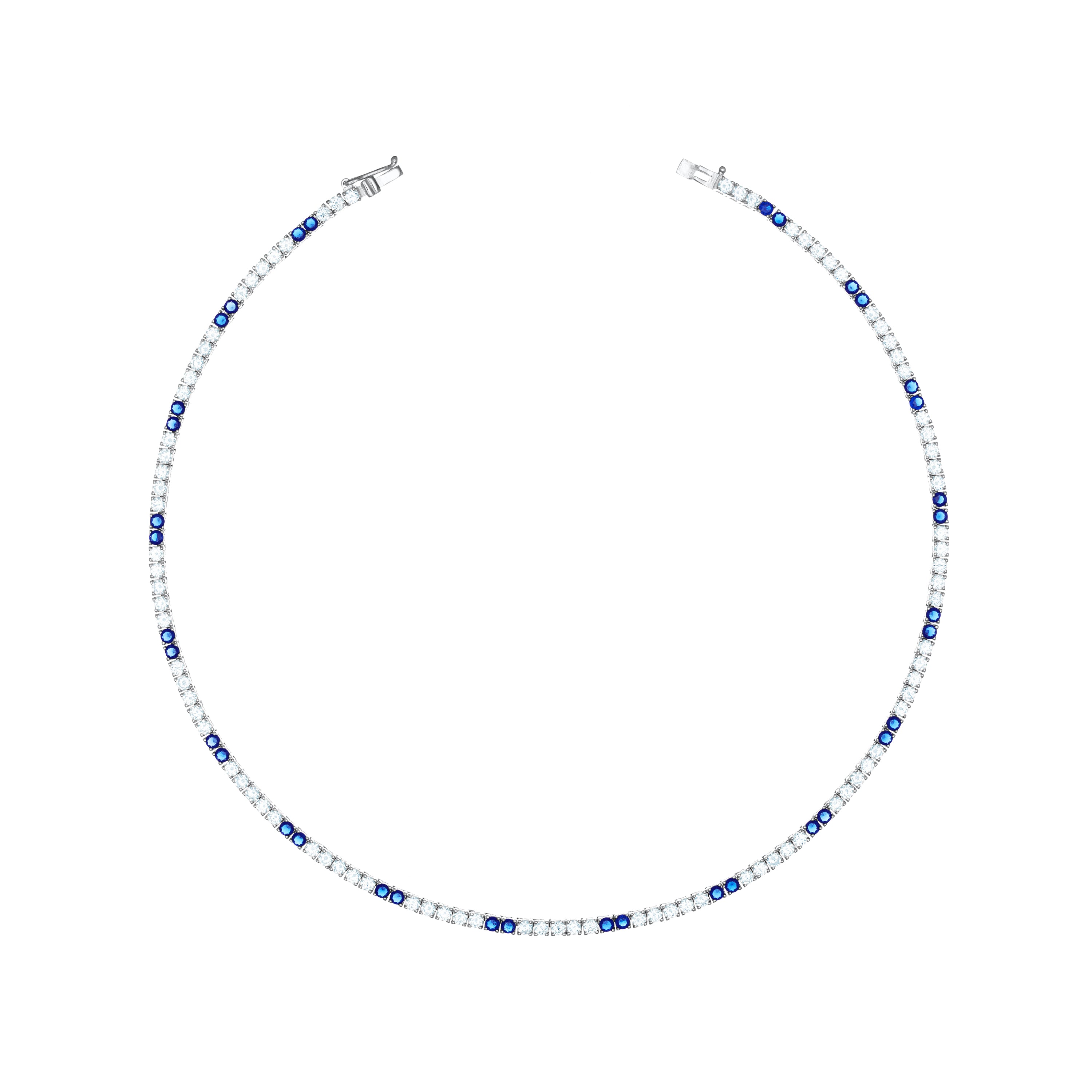 Tennis Necklace With Box Clasp - Silver Two Dots Navy Blue And White - 2.5mm