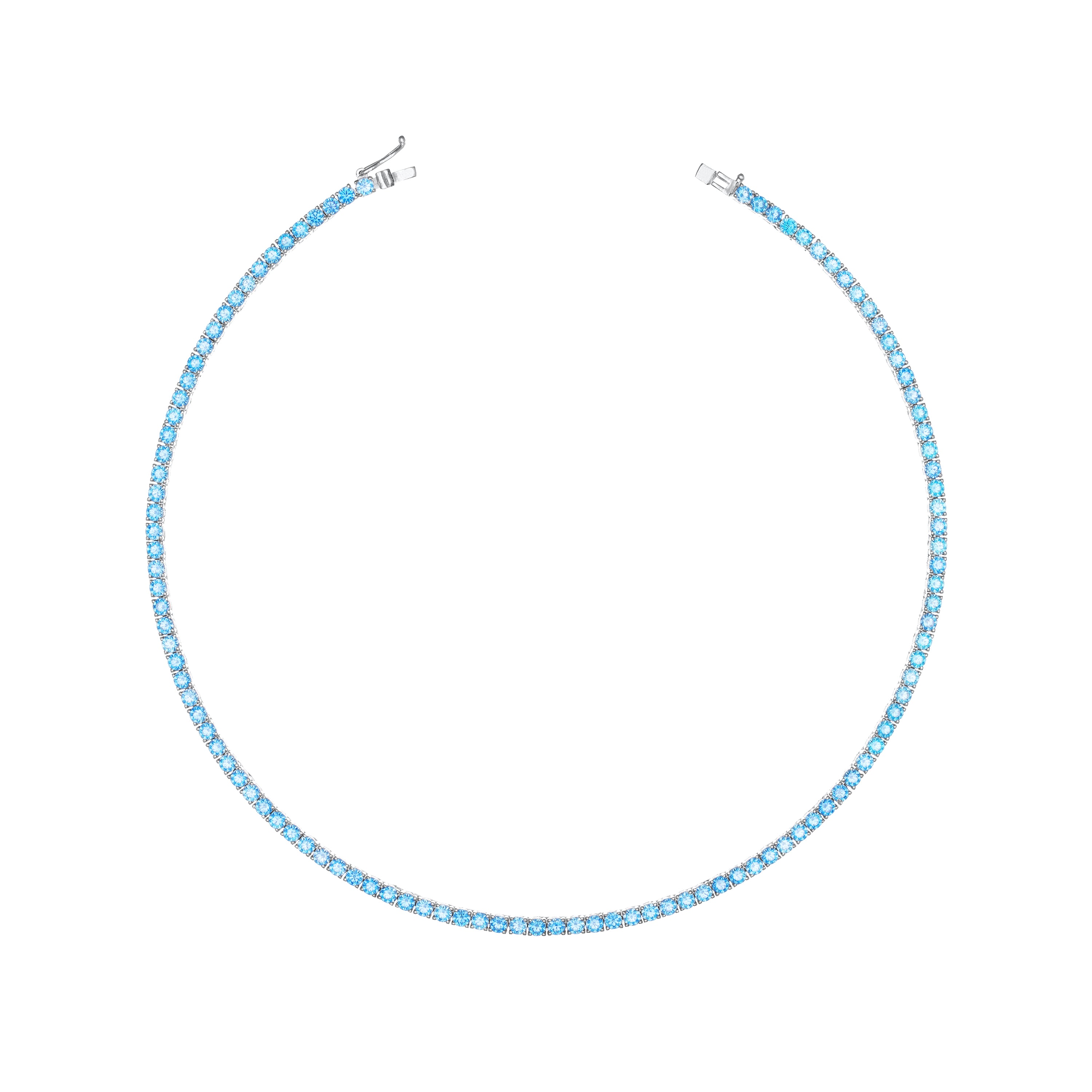 Tennis Necklace With Box Clasp - Silver Aquamarine - 3mm