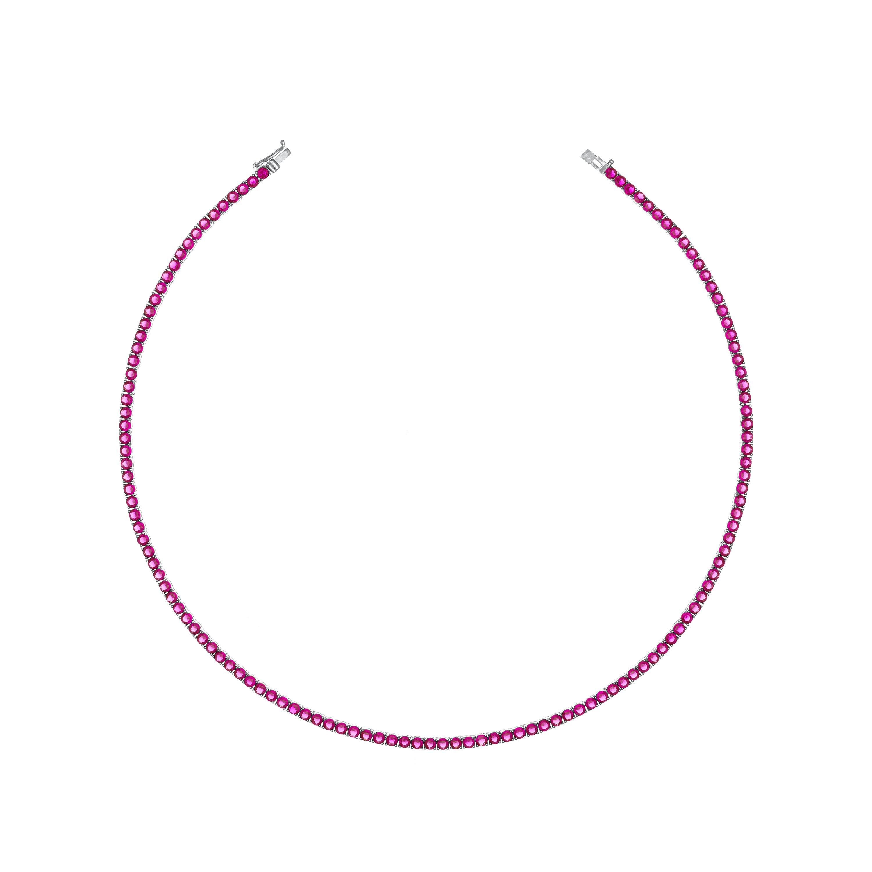 Tennis Necklace With Box Clasp - Silver Fuchsia - 3mm
