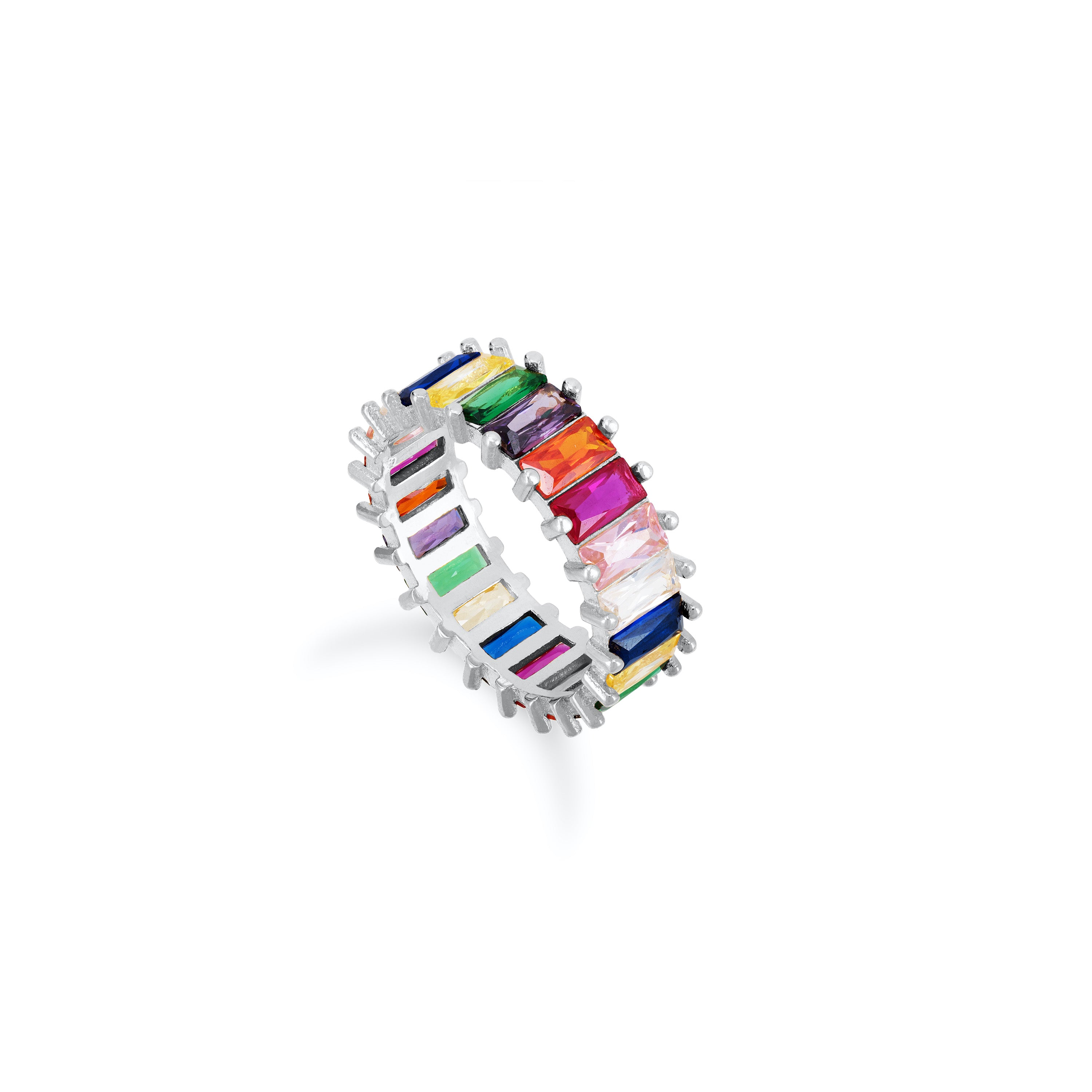 Thin Cut Eternity Baguette Ring - Silver Rainbow