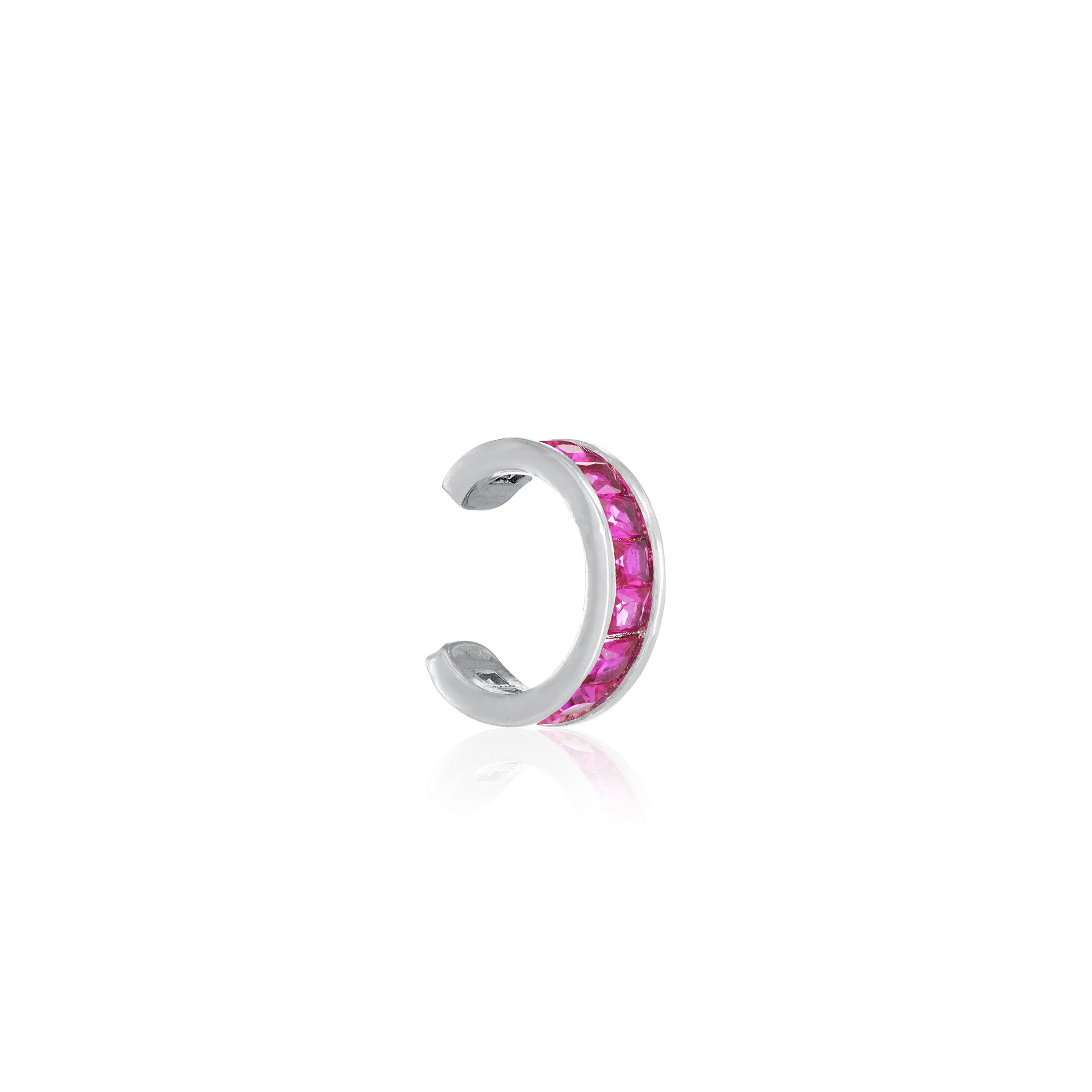 Thin Princess Cut Ear Cuff - Silver Fuchsia